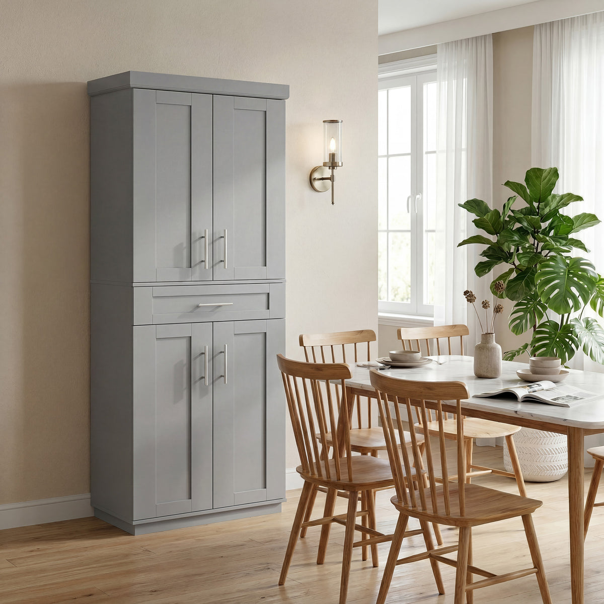 Modern Kitchen Pantry Freestanding Cabinet Cupboard with Doors and Drawer, Adjustable Shelving, Gray