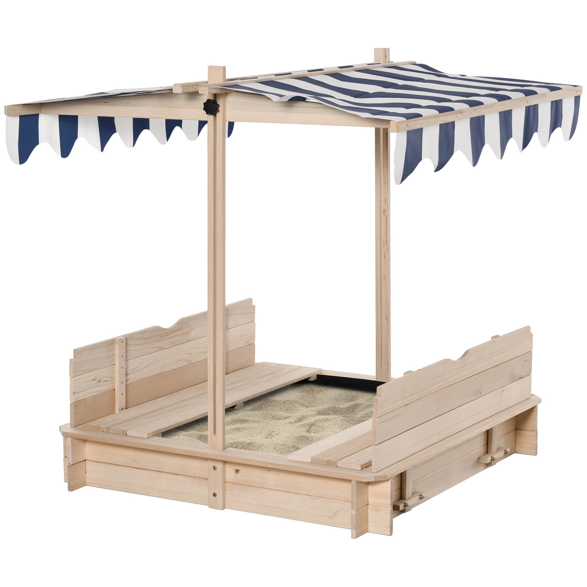 Covered Sandbox, Wooden，with Cover Adjustable Canopy, Detachable Seats and Backrests, Kids Sandbox with Convertible Bench Seat, Bottom Liner, Natural Blue