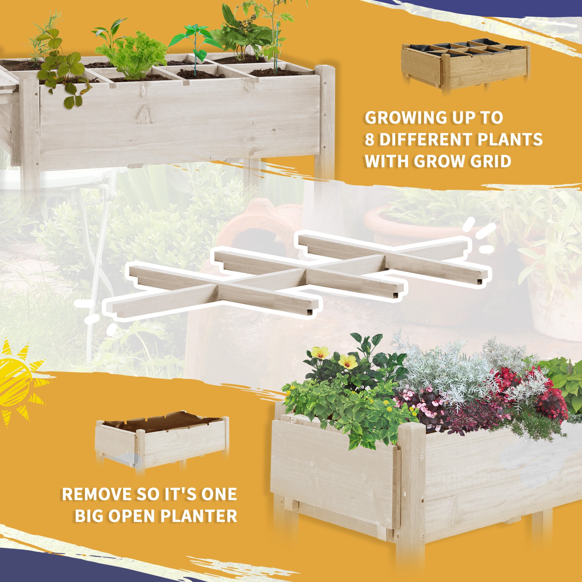 Raised Garden Bed Planter Box w/ 8 Grow Grids, Storage Shelf & Lockable Wheels