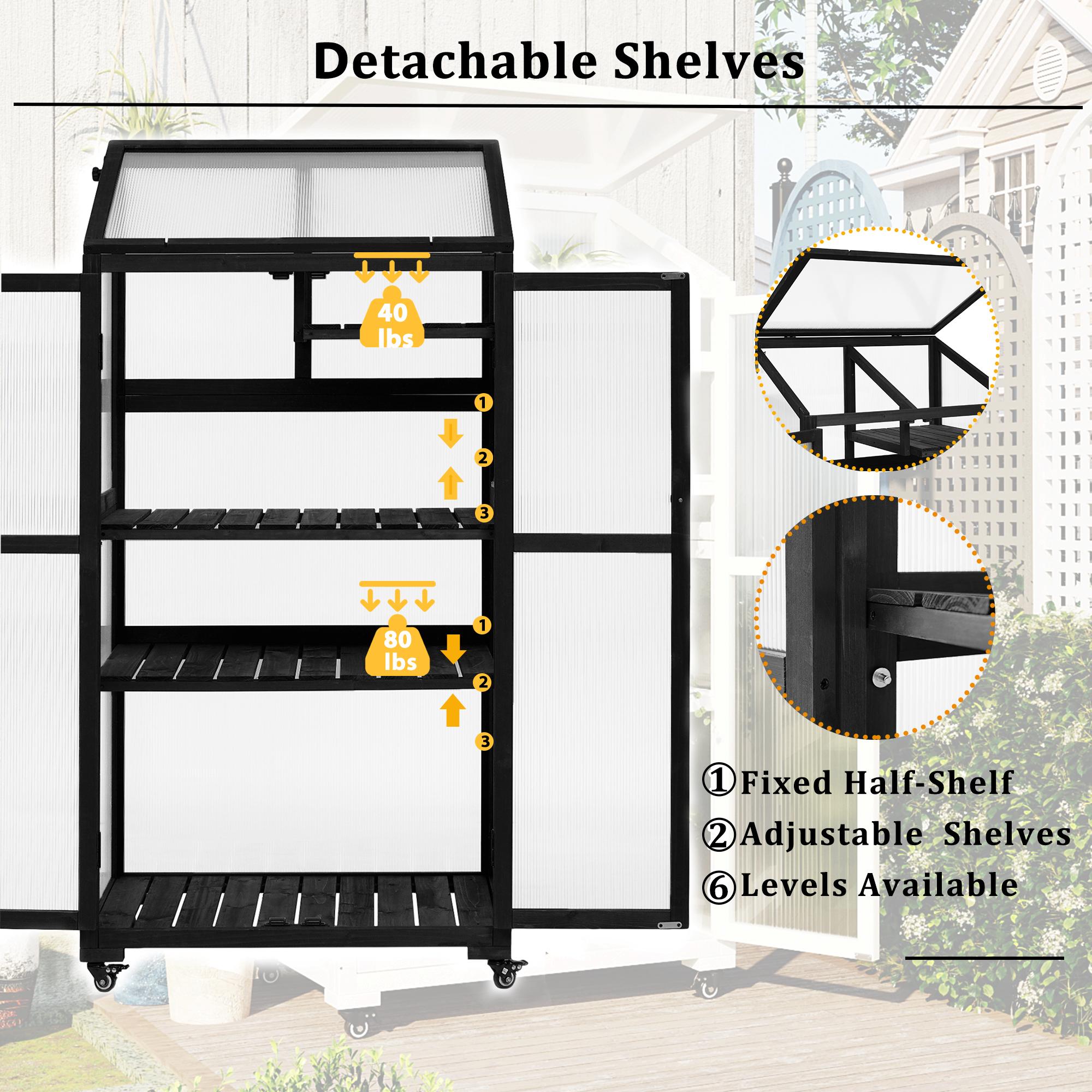 Portable Wood Greenhouse with Wheels & 3-Tier Shelf, Tall Cold Frame with Vented Roof for Balcony Garden, 31.5'' L x 22.5'' W x 62'' H, Black