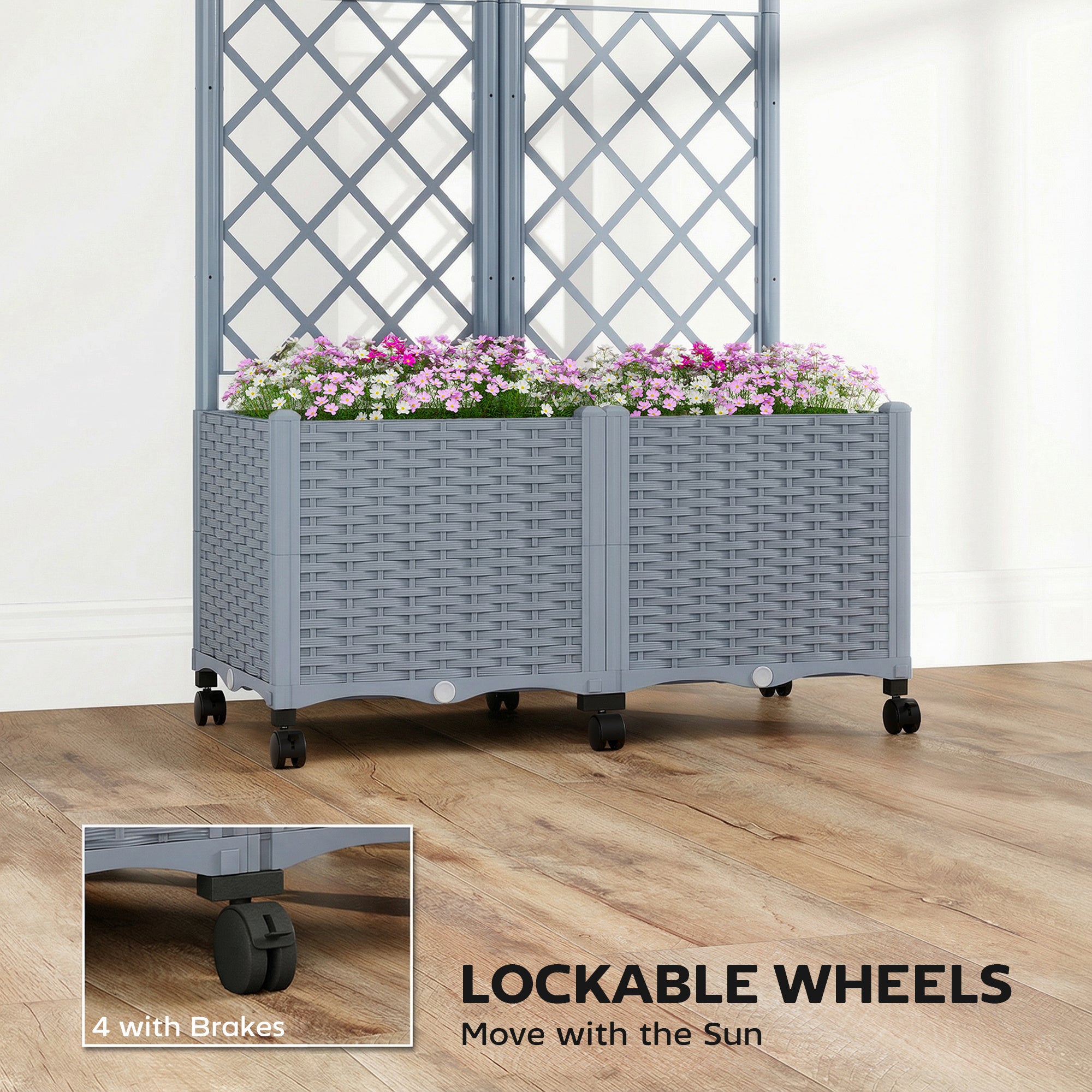 Planter Box with Trellis, Self Watering Raised Garden Bed with Lockable Wheels and Drainage Holes, Gray
