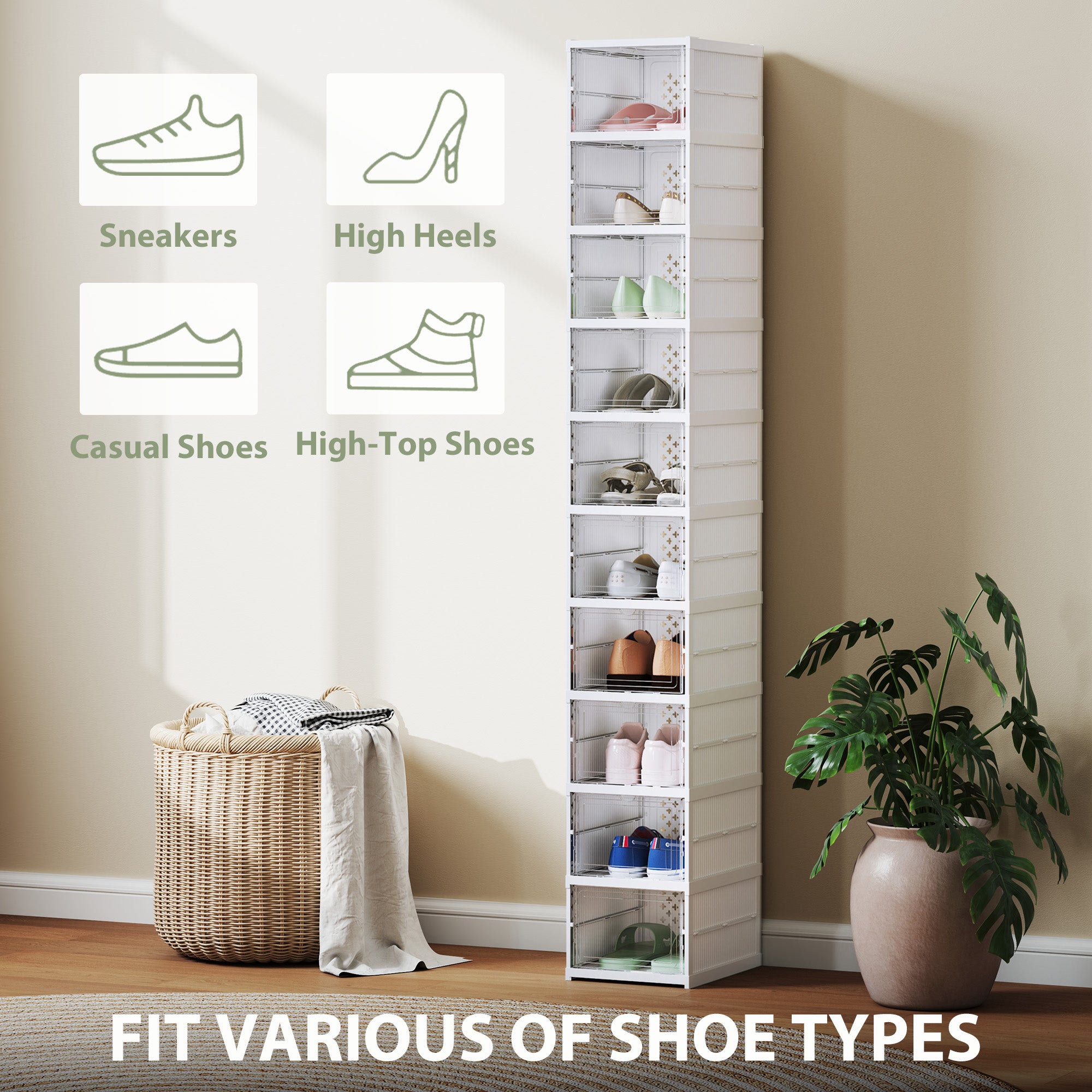 Stackable Plastic Shoe Boxes, 10 Pack Foldable Shoe Storage Boxes with Clear Door, No Assembly, Fit Size 10, White