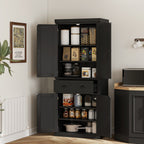 72" Kitchen Pantry Storage Cabinet, Cupboard with 4 Doors and 3 Adjustable Shelves, Large Central Drawer, Black