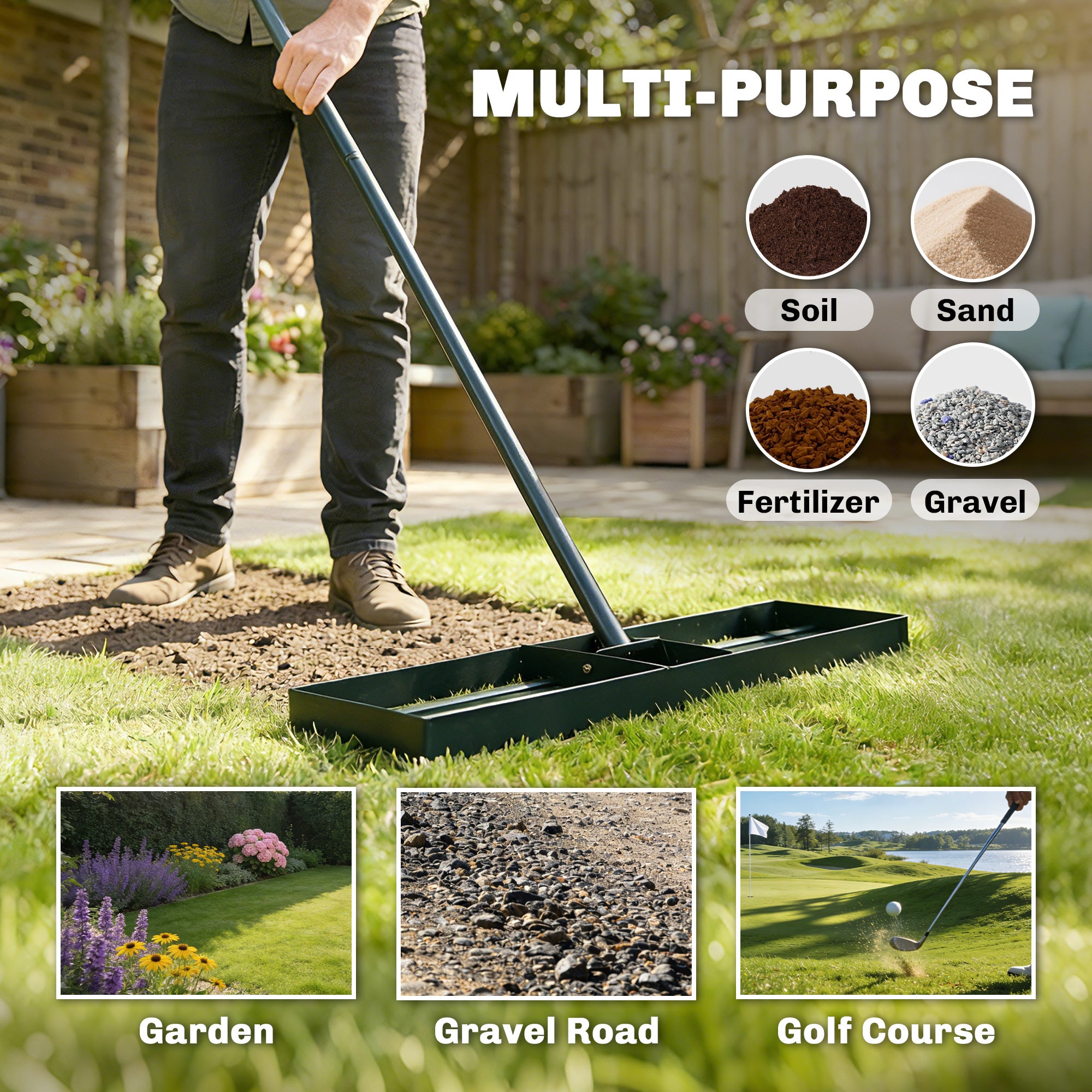 Lawn Leveling Rake, 36" x 10" Heavy Duty Yard Leveling Rake with 66.5" Handle for Backyard, Golf Course