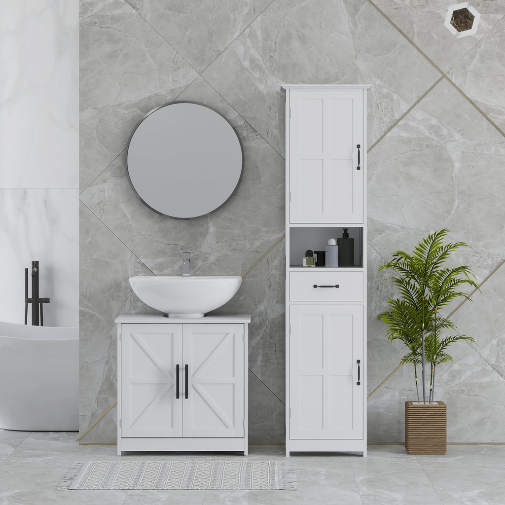 Farmhouse Pedestal Sink Storage Cabinet, Bathroom Sink Cabinet with 2 Barn Doors and Adjustable Shelf, White