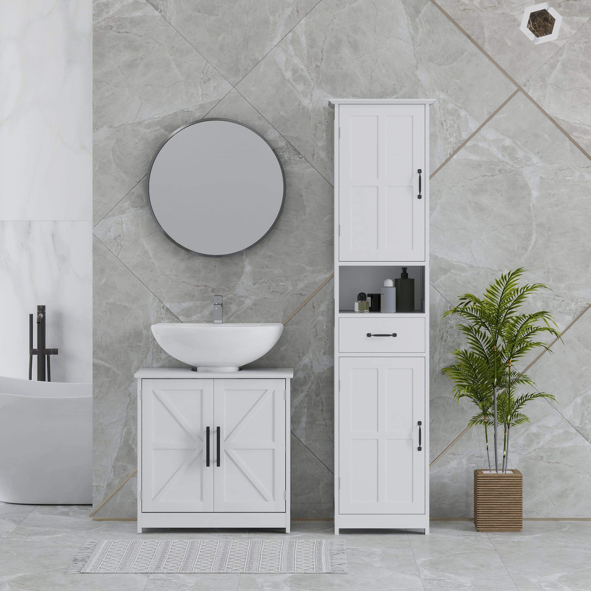 Farmhouse Pedestal Sink Storage Cabinet, Bathroom Sink Cabinet with 2 Barn Doors and Adjustable Shelf, White