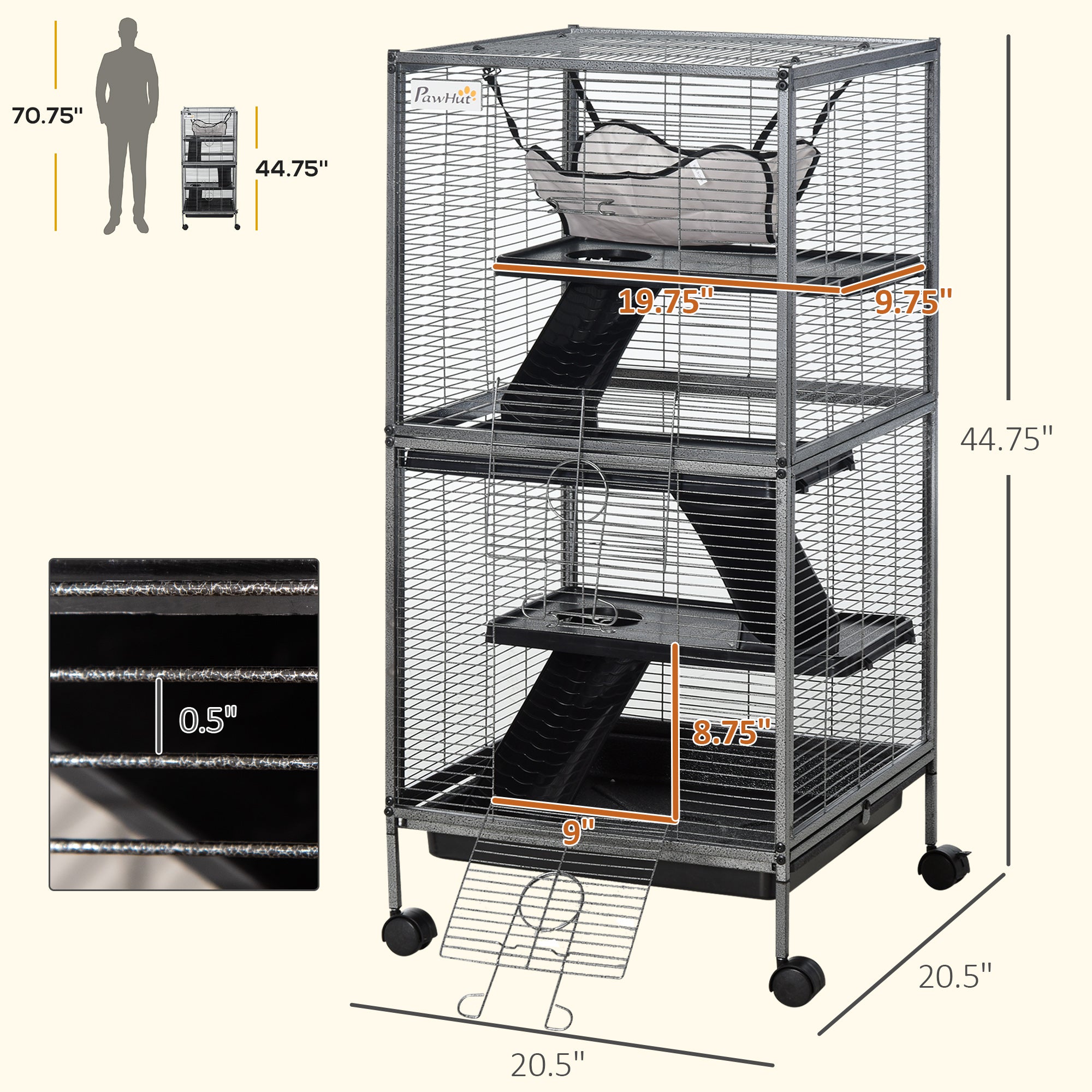 Metal Small Animal Cage Rolling Big Ferret Cage, Chinchilla Cage, Sugar Glider Cage, with Hammock & 4 Tiers, Removable Tray, Gray