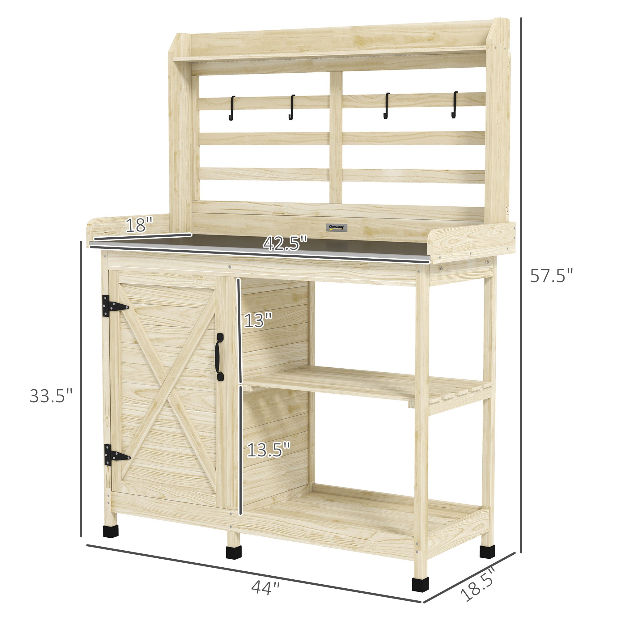 Wooden Potting Bench with Storage, Aluminum Tabletop for Backyard, Patio, Balcony, Natural