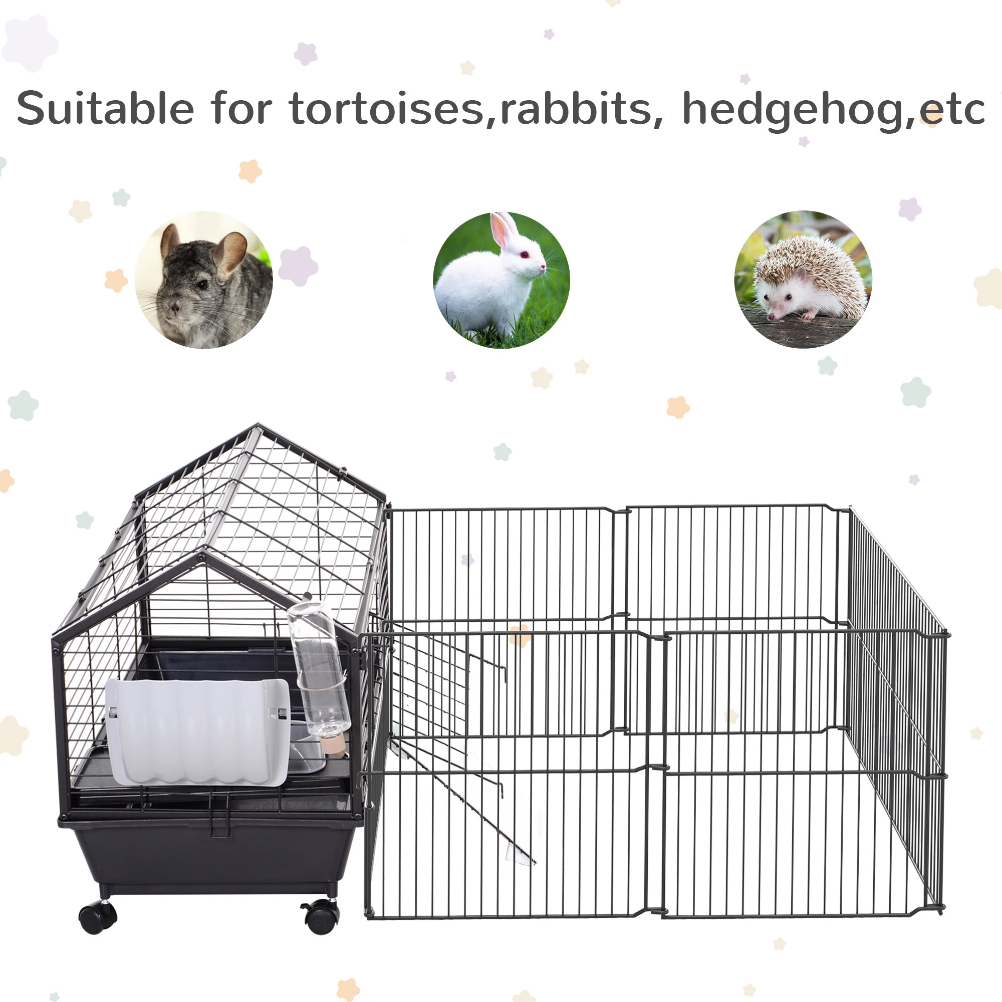 Rolling Metal Rabbit, Guinea Pig, or Small Animal Hutch Cage with Main House and Run