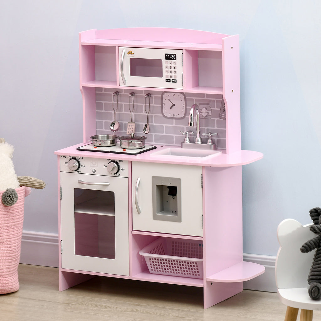 Pretend Play Kitchen with Sound Effects and Stove Lights, Kids Kitchen Playset with Storage, Water Dispenser Preschool & Kindergarten Gift for 3-6 Years Old, Pink