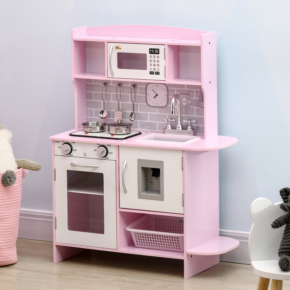 Pretend Play Kitchen with Sound Effects and Stove Lights, Kids Kitchen Playset with Storage, Water Dispenser Preschool & Kindergarten Gift for 3-6 Years Old, Pink