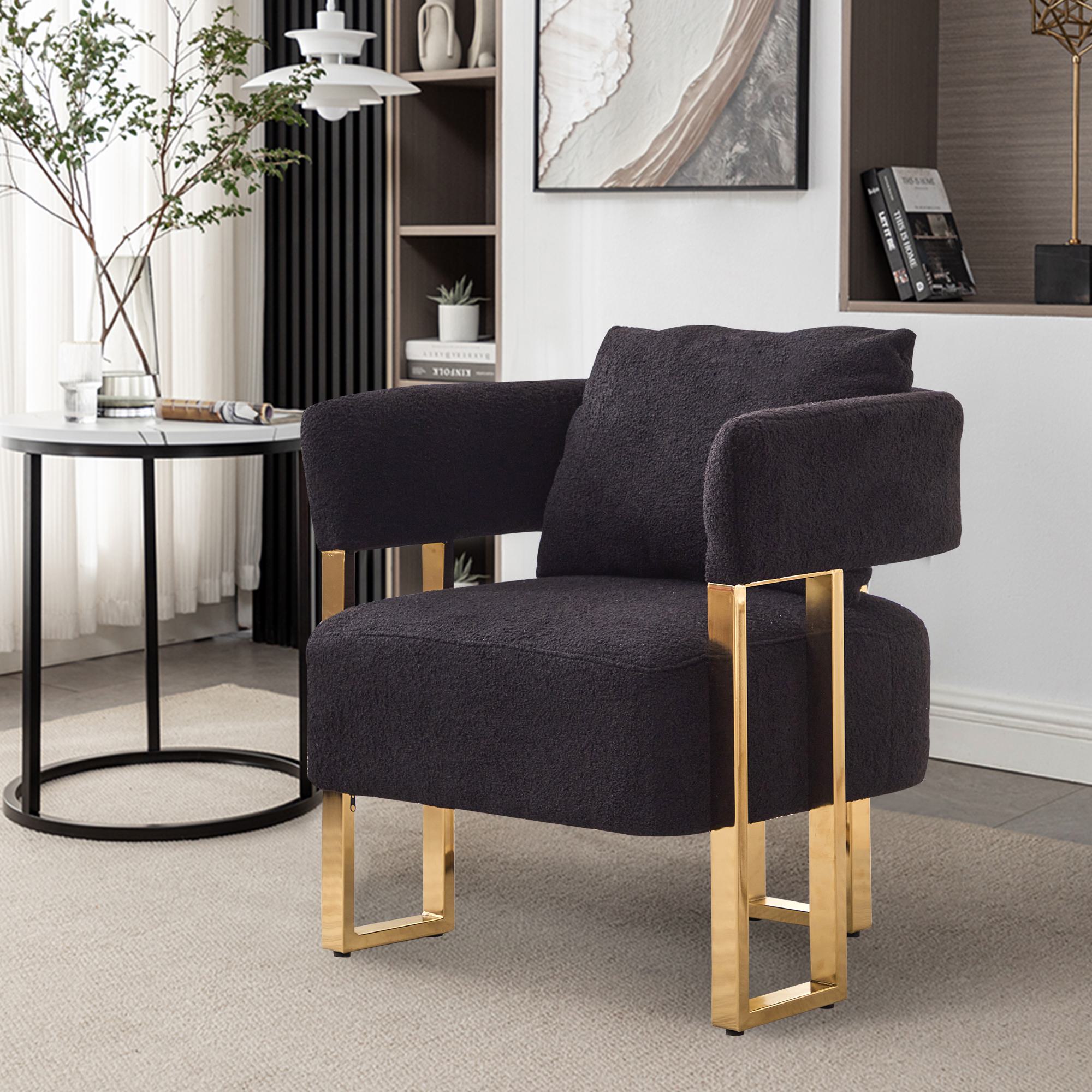 2-Set Living Room Teddy Fleece Upholstered Side Chair with Gold Metal Legs, Modern Decorative Chair, 26" L x 24.5" W x 27" H, Black+Gold