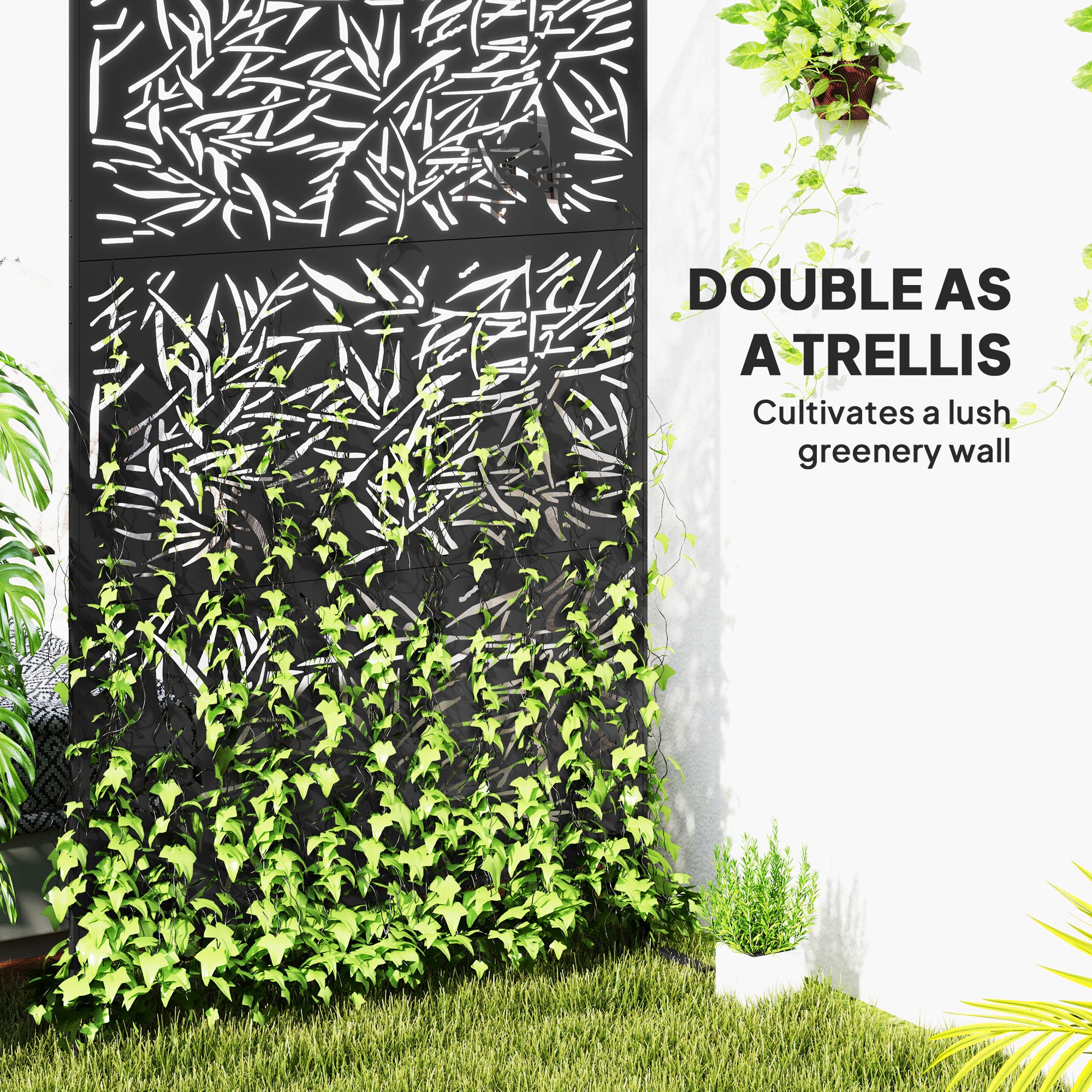 Decorative Privacy Fence Screen, Metal Outdoor Privacy Screen Climbing Plant Trellis with Stand, Bamboo Black