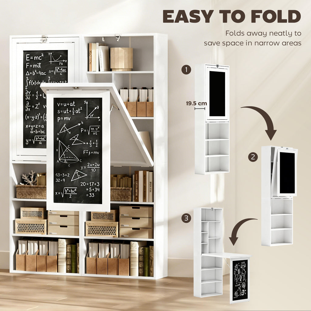 Fold-out Convertible Office Desk, Wall Mount Computer Desk with Blackboard and Side Shelf, White