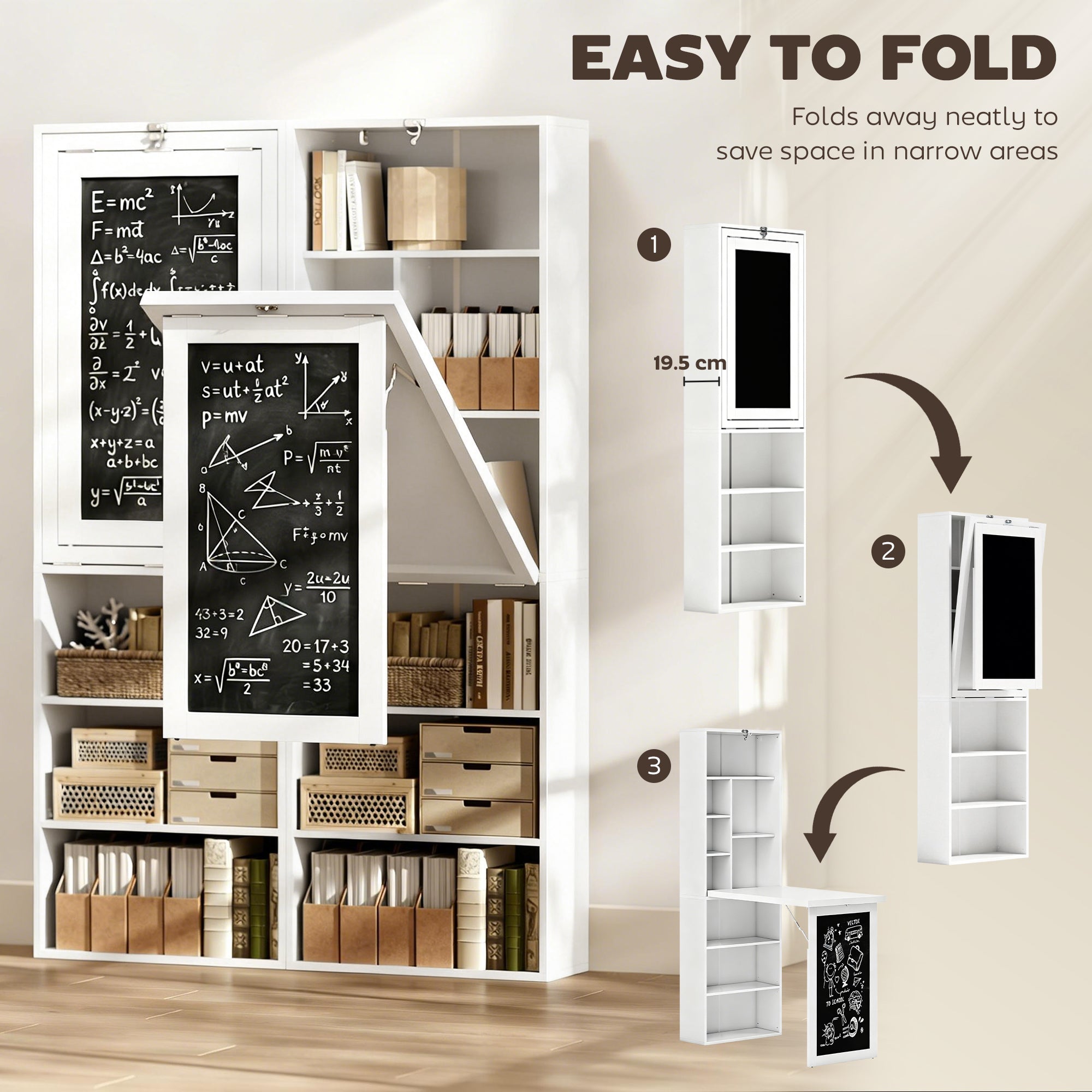 Fold-out Convertible Office Desk, Wall Mount Computer Desk with Blackboard and Side Shelf, White
