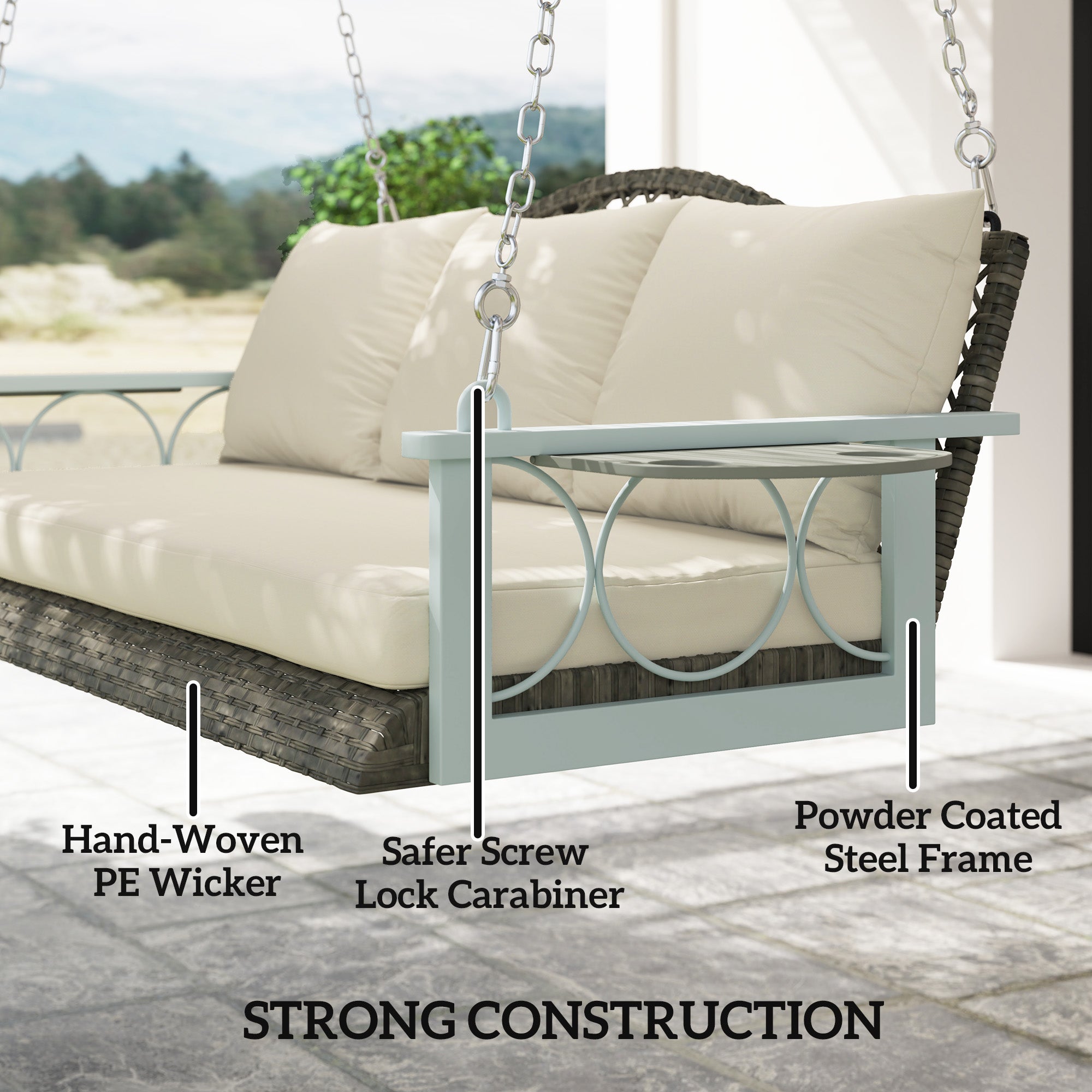 3 Person Wicker Hanging Outdoor Patio Porch Swing Bench with Cup Holders, Cushions, and Chains, Natural