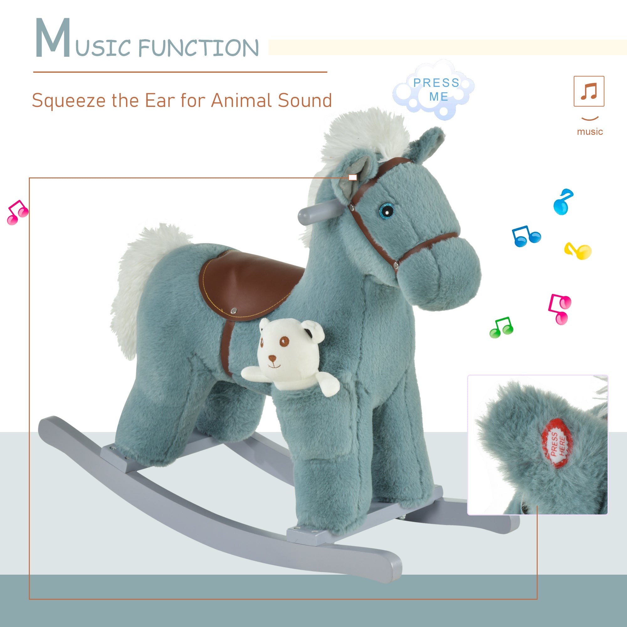 Kids Rocking Horse with Bear Toy, Plush Animal Rocker with Fun Realistic Sounds for Toddler 18-36 Months, Blue