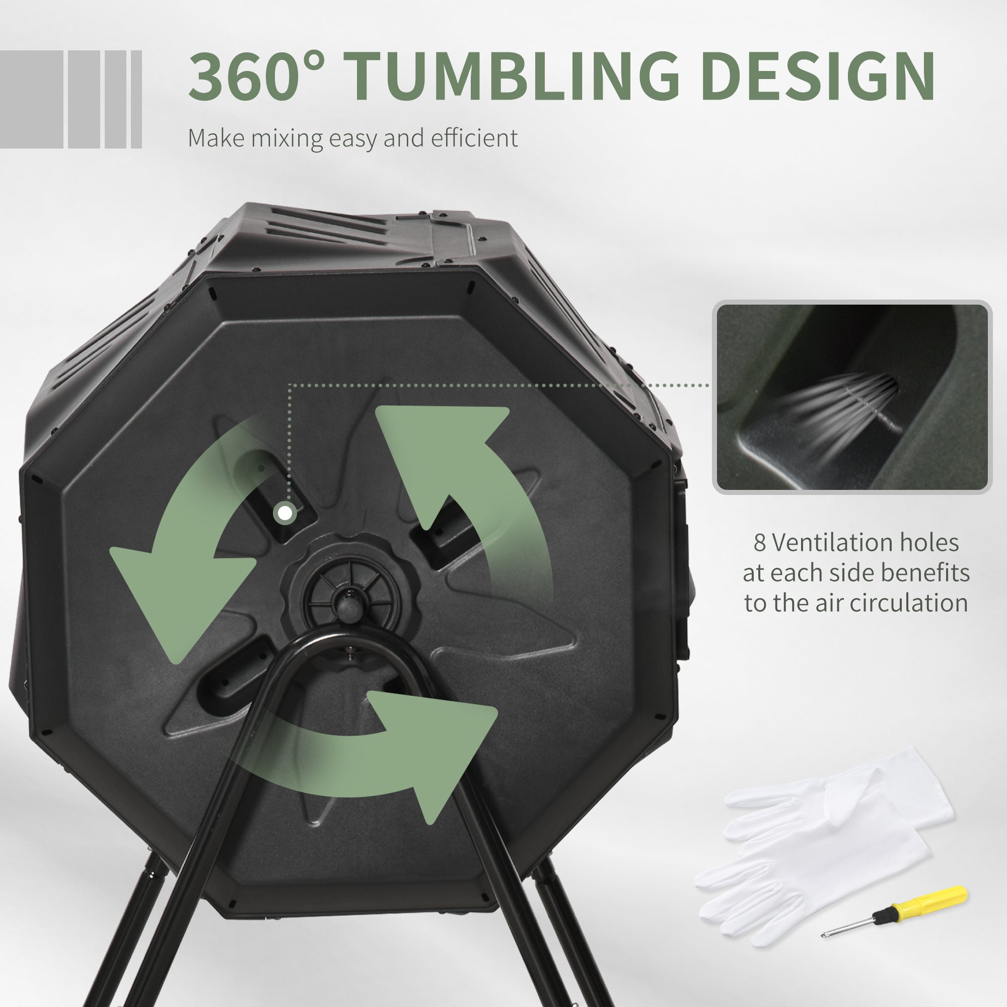 Tumbling Compost Bin Outdoor 360° Dual Chamber Rotating Composter 43 Gallon, Black