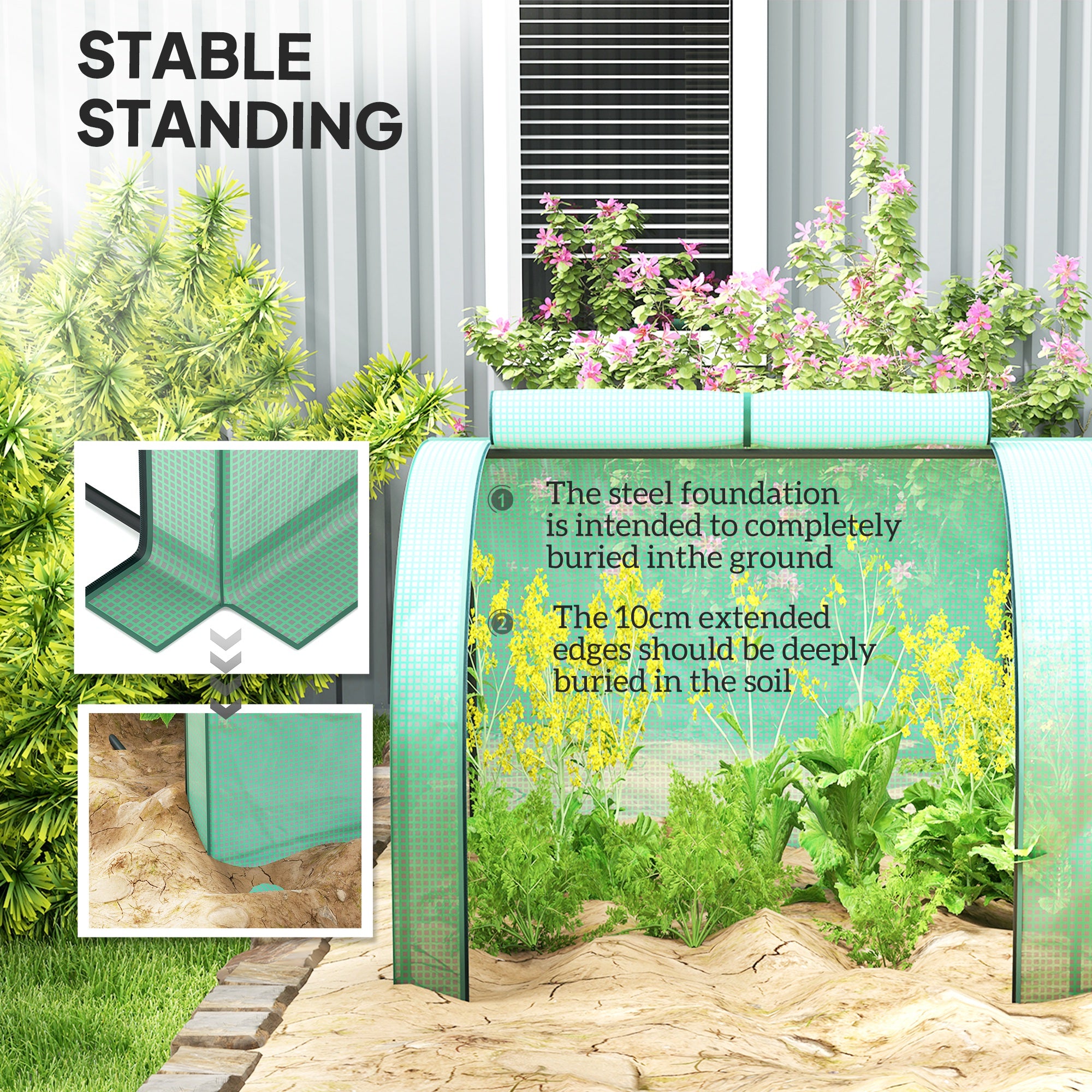 13' L x 3' W x 2.5' H Portable Tunneled Greenhouse with 4 Zippered Doors, Water/UV Fighting PE Cover, Green