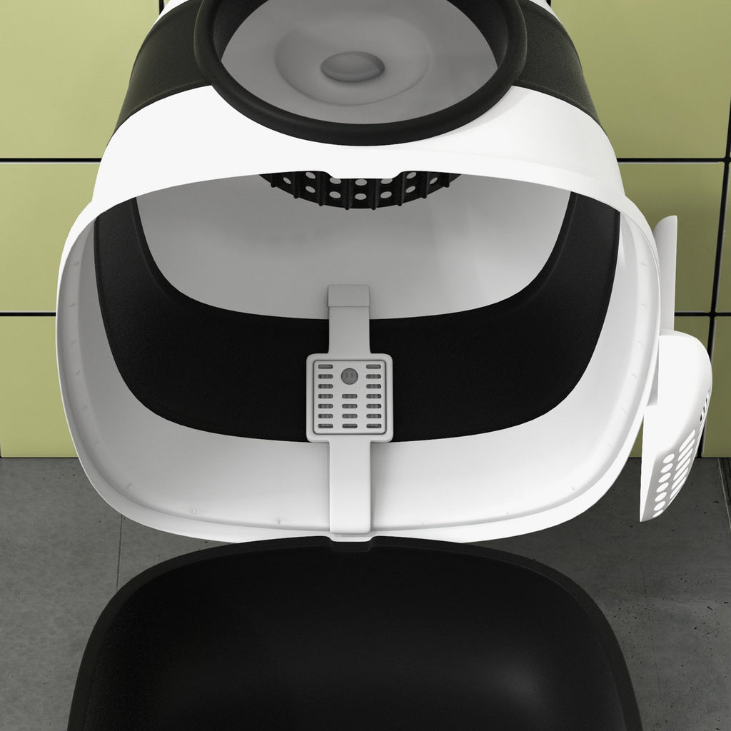Dome Covered Cat Litter Box with Lid, White and Black