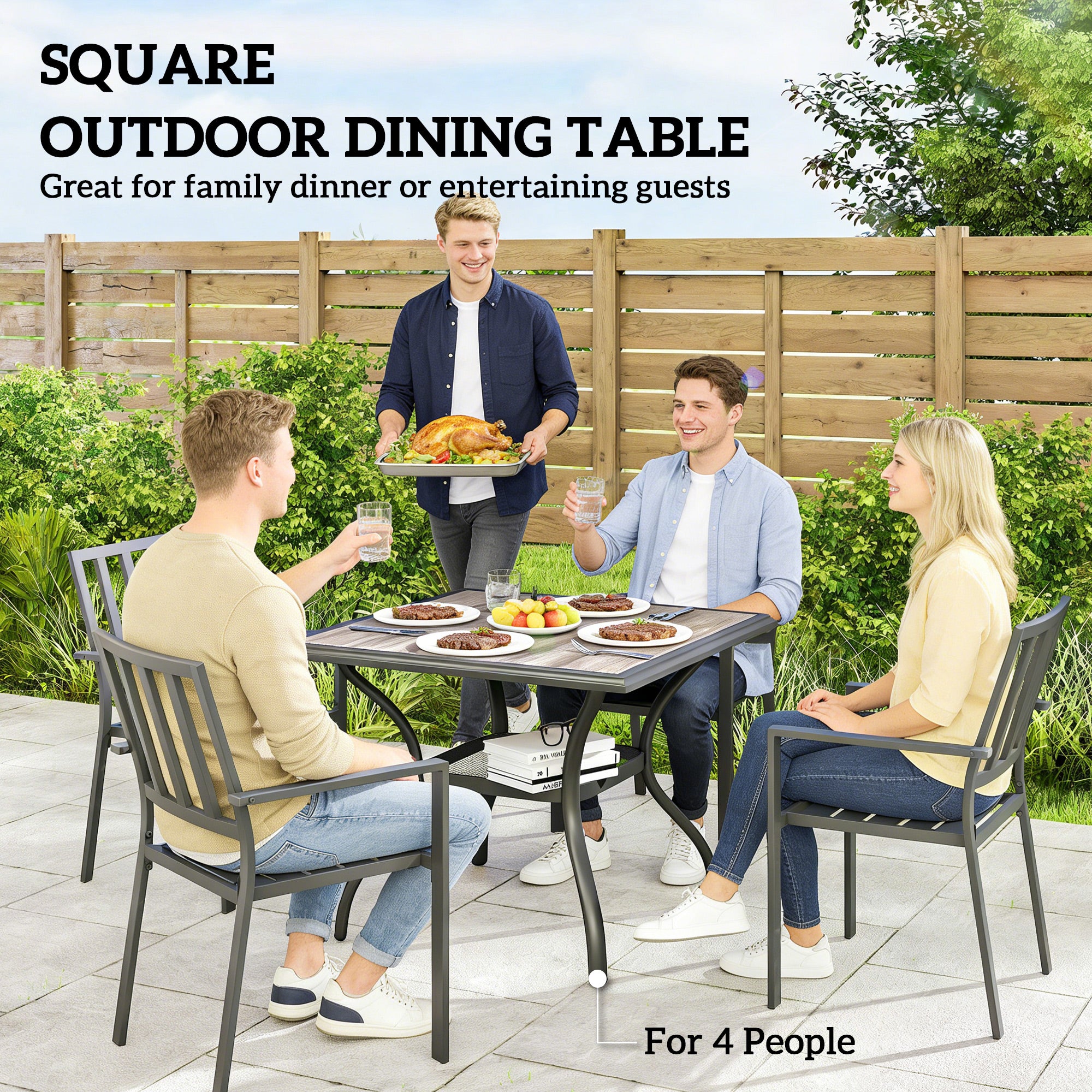 37" Square Outdoor Dining Table for 4, Patio Table with Umbrella Hole, Shelf, Faux Wood Top for Garden, Backyard, Gray