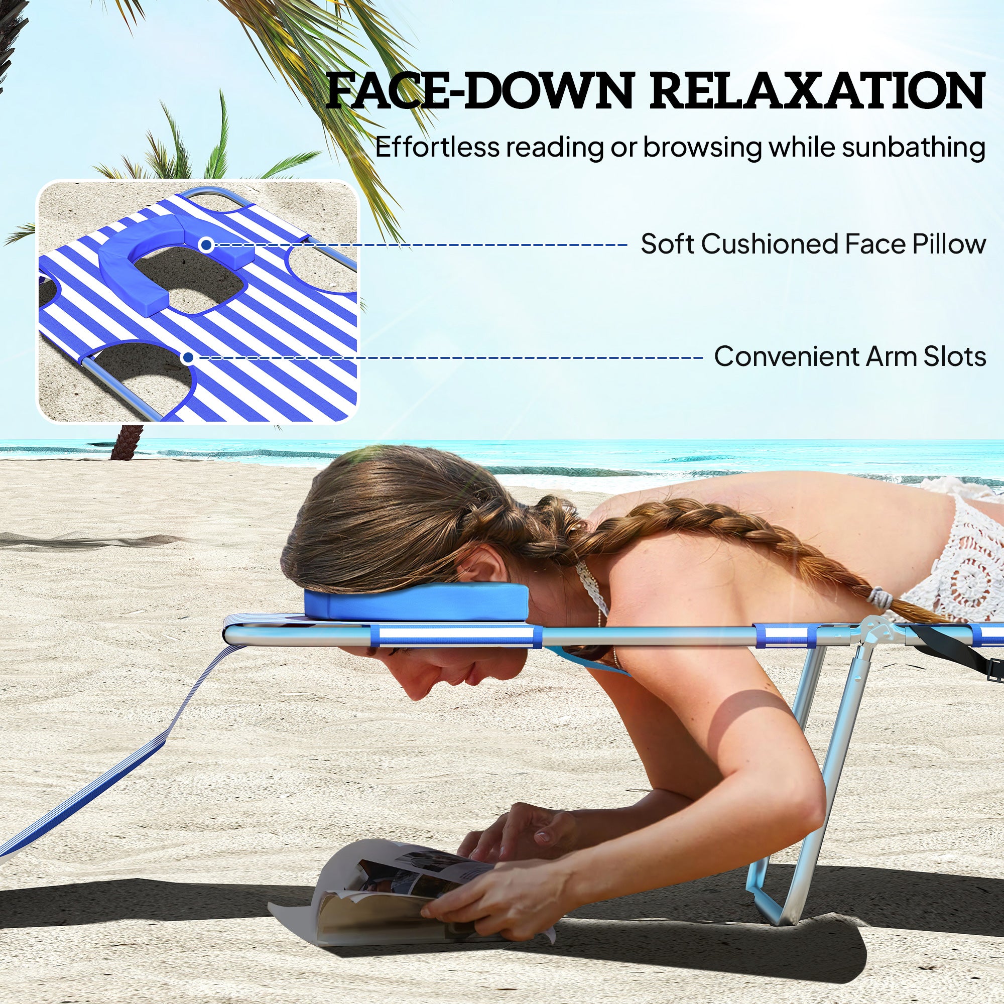 2 Tanning Chairs with Face Hole, 5-Level Adjustable Outdoor Chaise Lounge Chair with Pillow for Beach, Pool, Blue Stripe