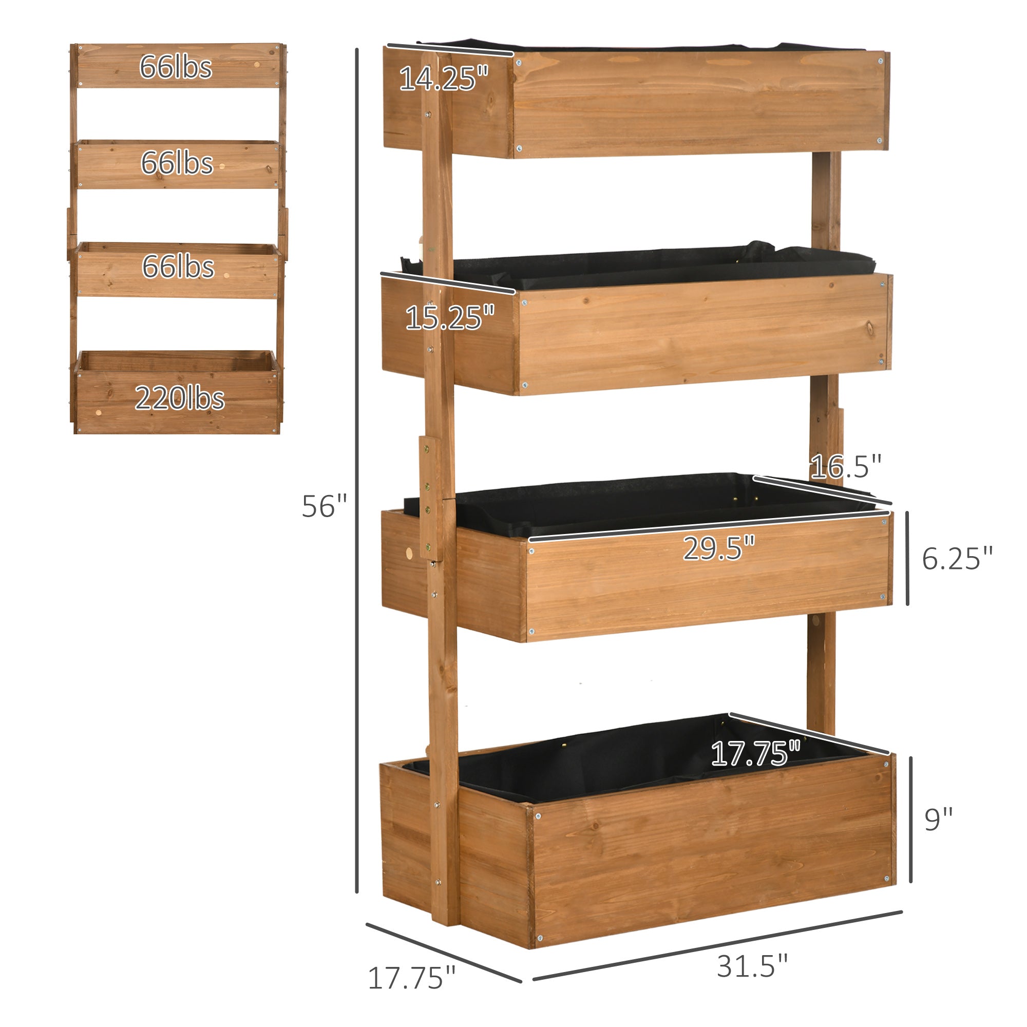 Vertical 4 Tier Raised Garden Bed, Wooden Planter Box, Self-Draining with Bed Liner for Indoor Outdoor Flowers, Vegetables and Herbs, Orange