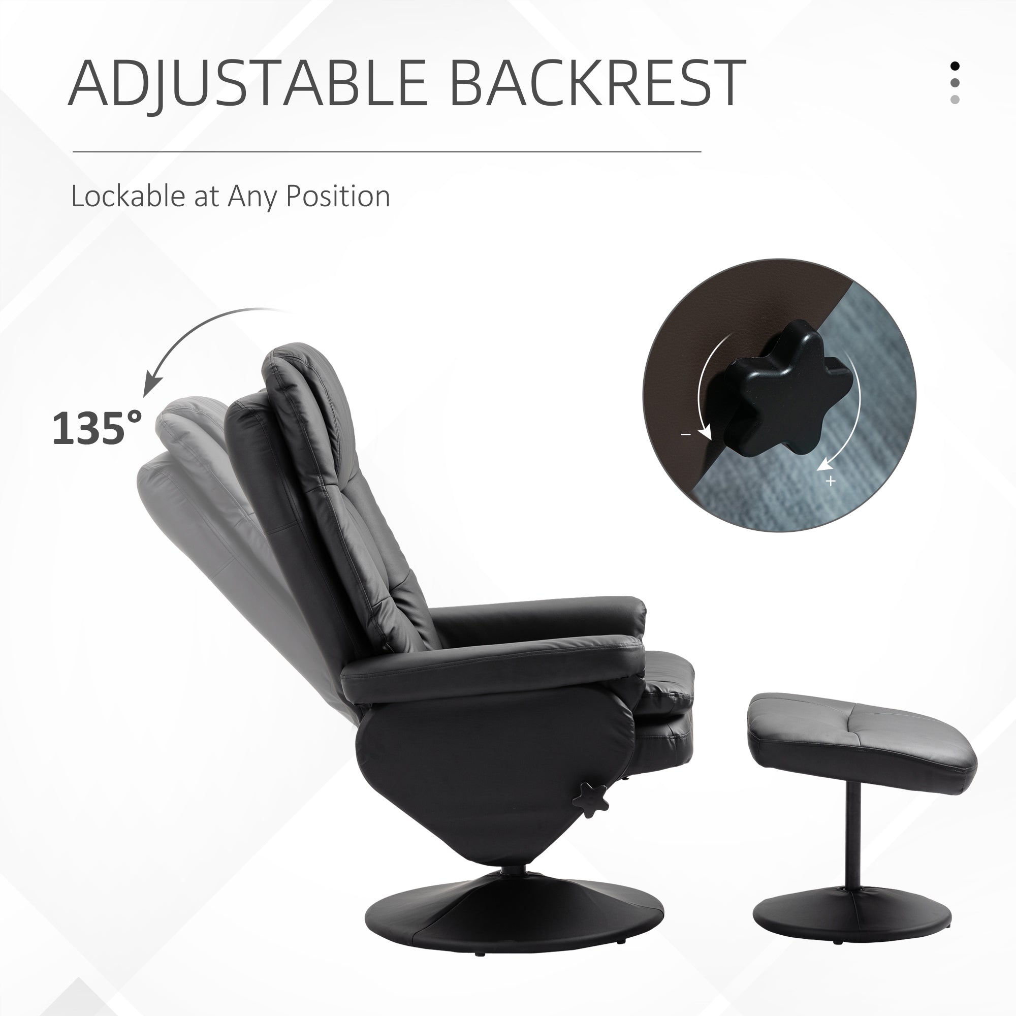 PU Leather Recliner Chair with Ottoman, Swivel Recliner and Ottoman with Round Wrapped Base for Living Room, Black