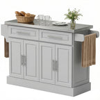 Rolling Kitchen Island Cart with 47" Stainless Steel Top, Portable Island Table for Kitchen with Wheels, Adjustable Shelves, 2 Drawers, Spice, Knife and Towel Rack, Gray