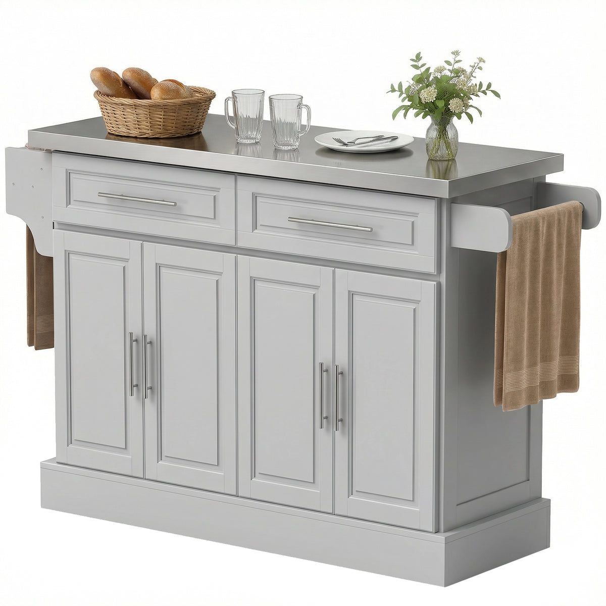 Rolling Kitchen Island Cart with 47" Stainless Steel Top, Portable Island Table for Kitchen with Wheels, Adjustable Shelves, 2 Drawers, Spice, Knife and Towel Rack, Gray