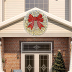 60in Flocked Pre-Lit Christmas Wreath with 3D Red Bow, 11 Lighting Modes, Front Door Christmas Wreath with Remote