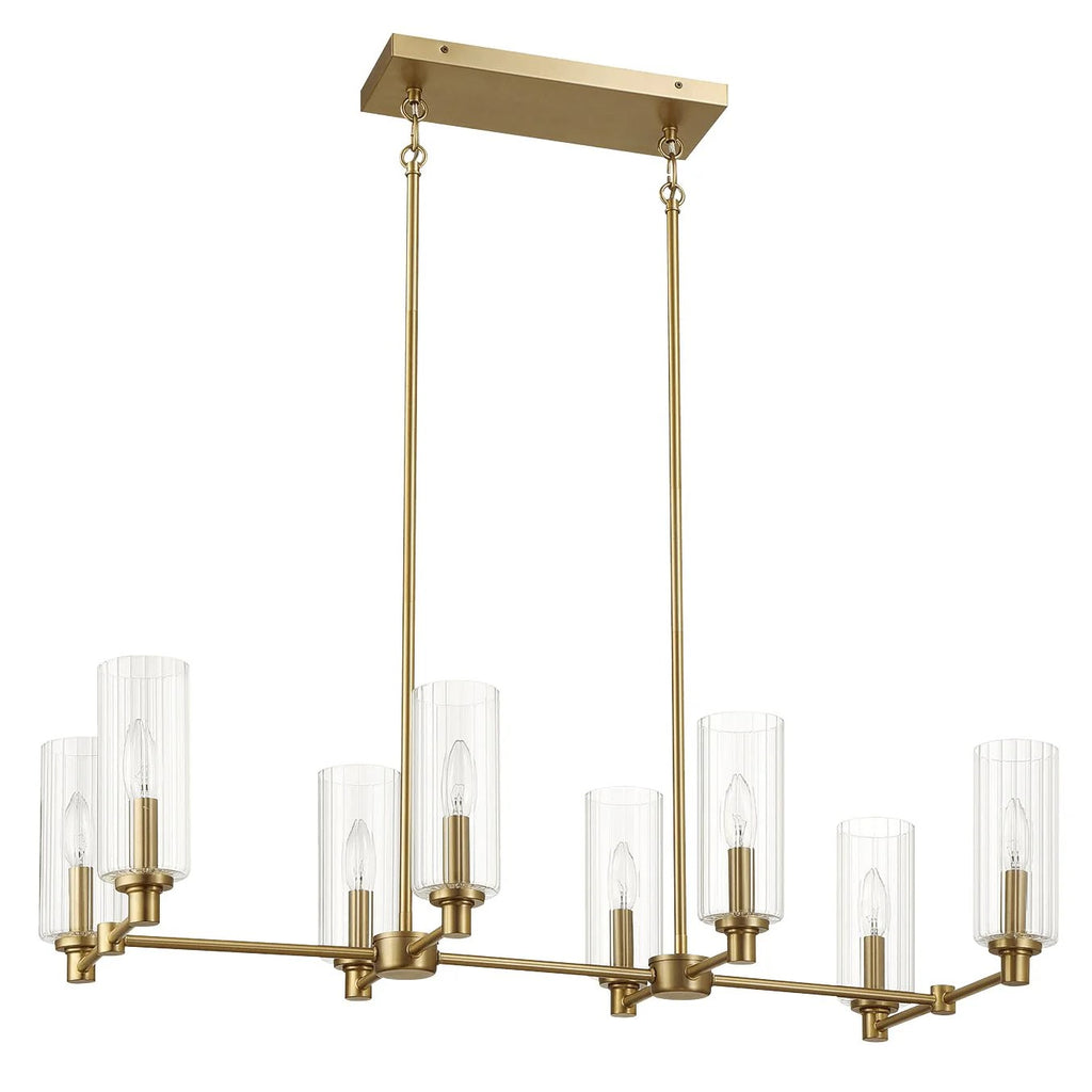 Willow 8-Light Island Pendant Lamp with Clear Ribbed Glass, Satin Brass Finish, 36" L x 15" W x 9" H, Antique Brass+Clear