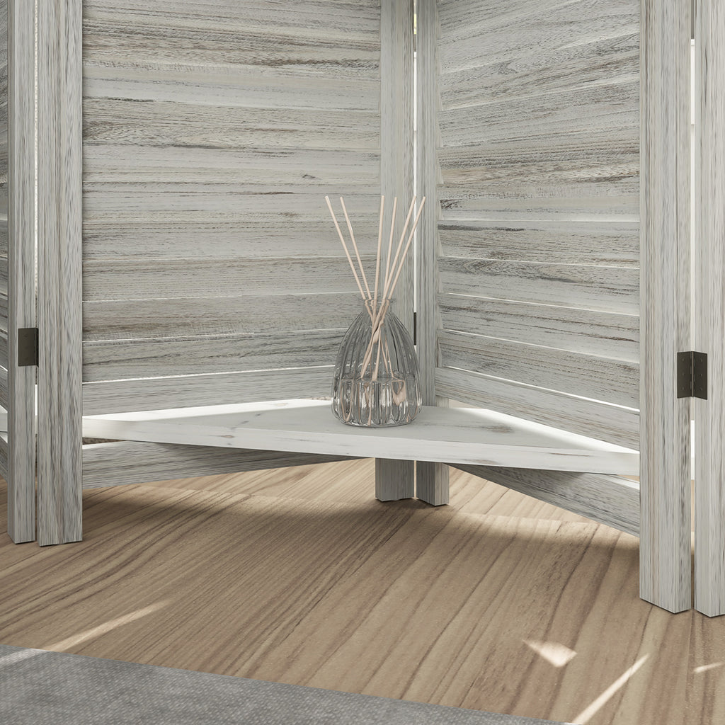 5 Panel 67" Tall Wood Privacy Screen Room Divider with 3 Shelves and Folding Storage for Bedroom, Distressed White
