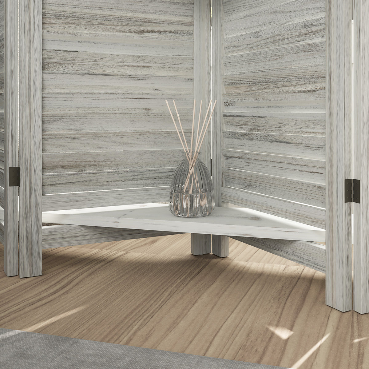5 Panel 67" Tall Wood Privacy Screen Room Divider with 3 Shelves and Folding Storage for Bedroom, Distressed White