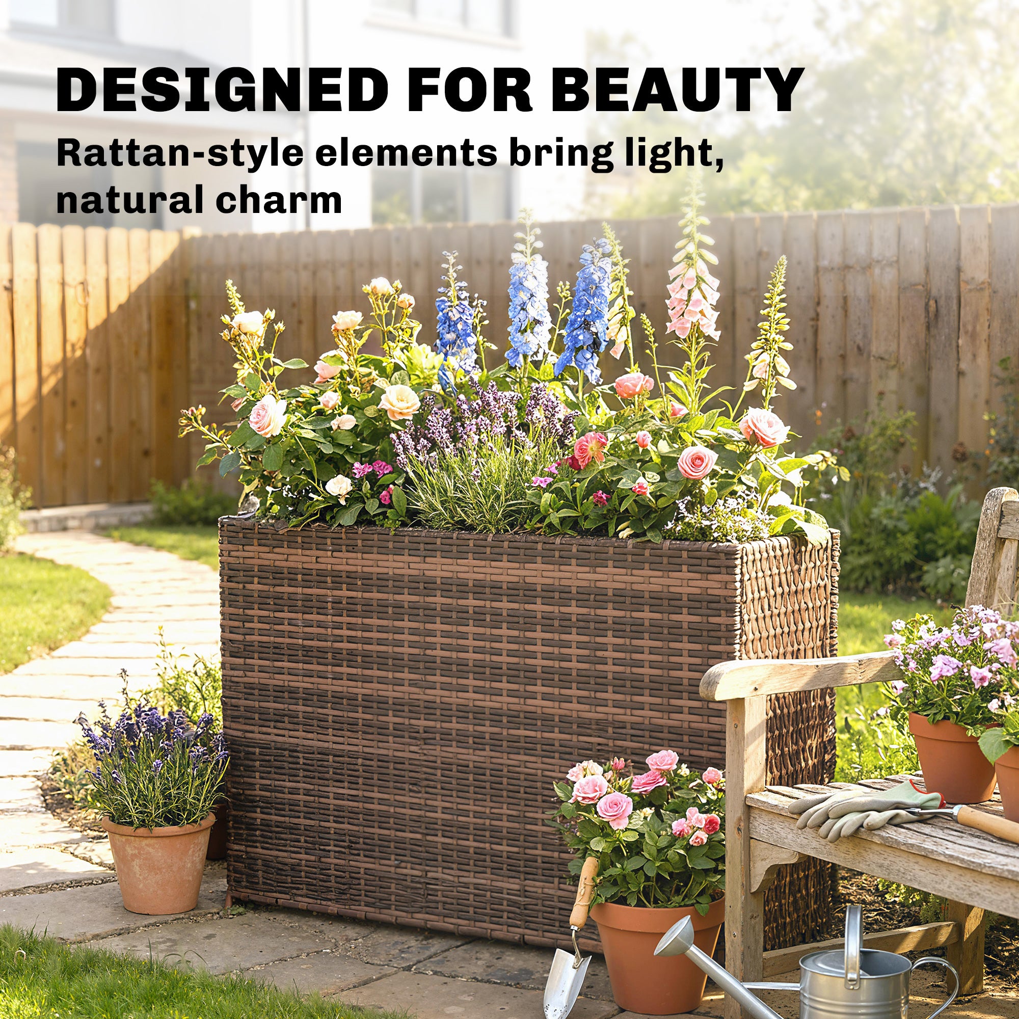 Tall Rectangular Planter with Removable Liner, Holes, PE Wicker Large Planter Box for Indoor Outdoor Plants, Brown