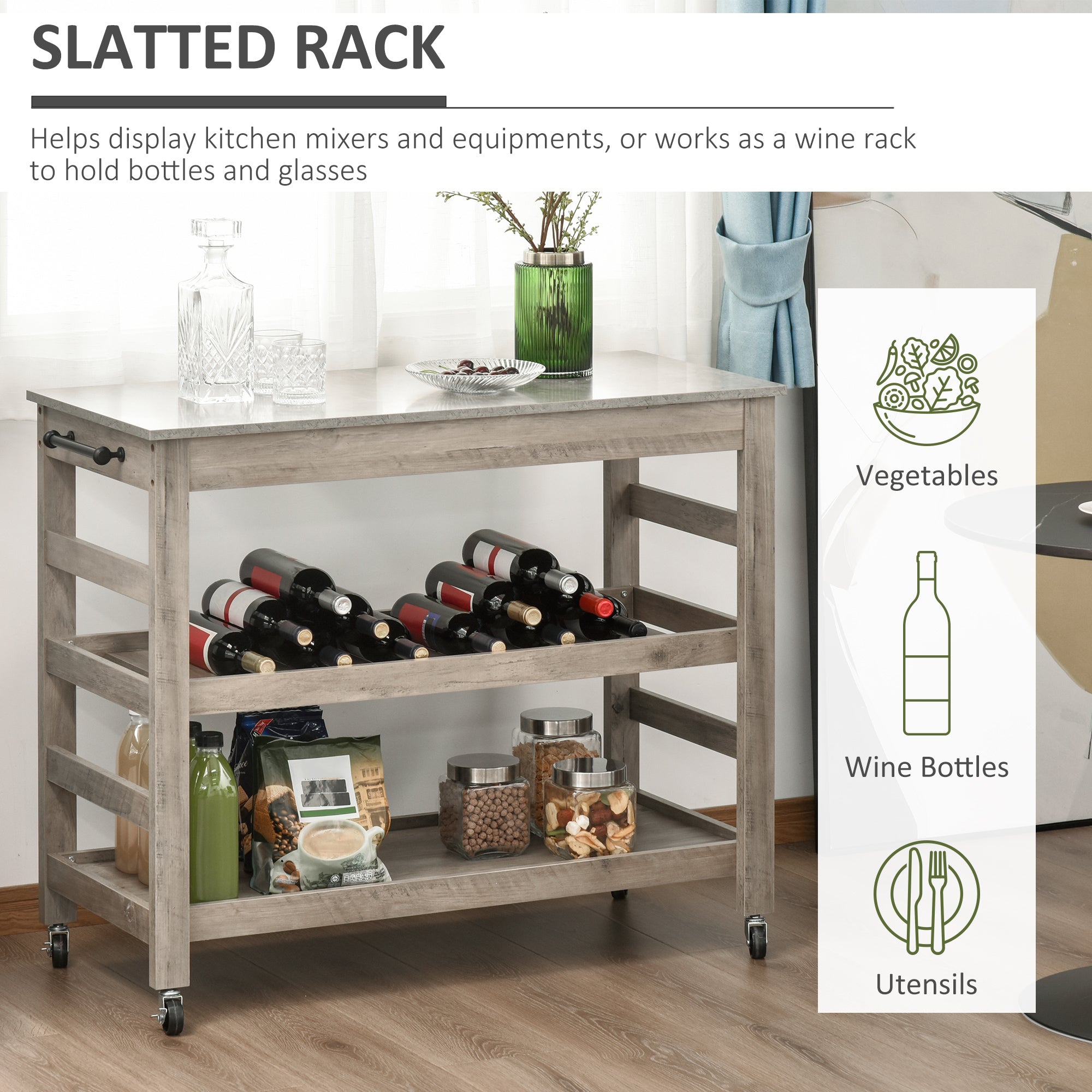 Kitchen Cart, Rolling Kitchen Island Utility Trolley with Stainless Steel Top
