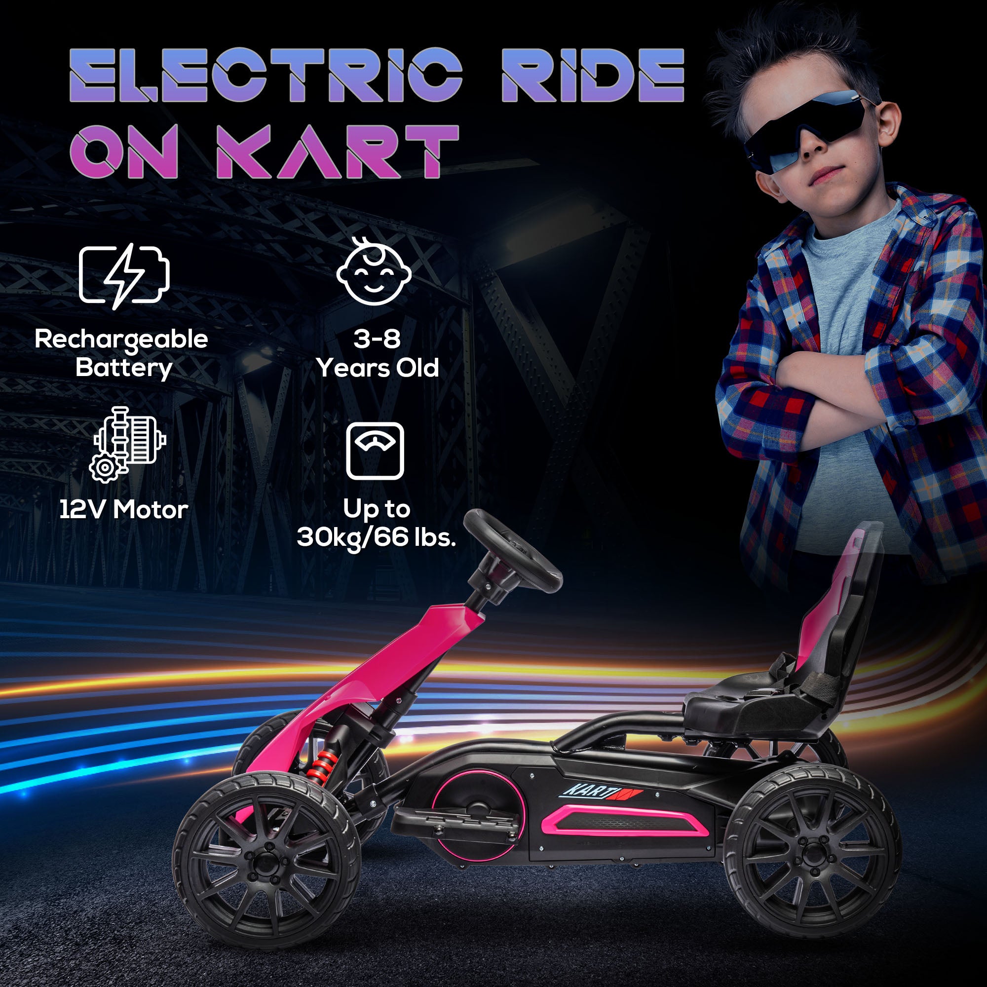 12V Electric Go Kart for Kids, Ride On Toy with EVA Tires, 2 Speeds, Adjustable Seat, Safety Belt for 3-8 Years, Pink