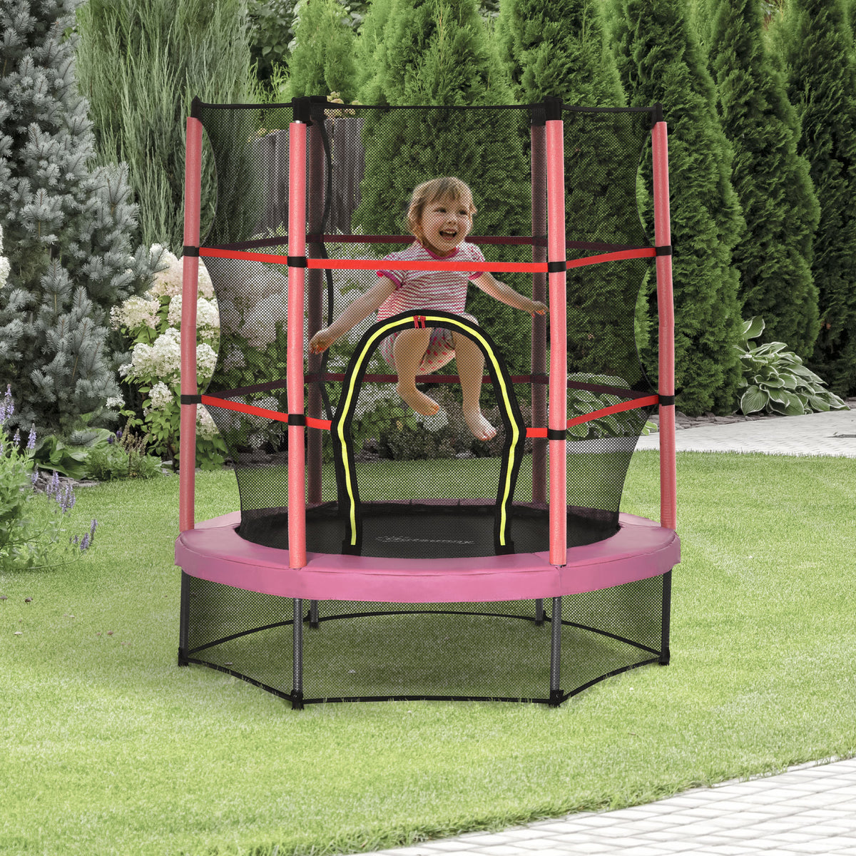 Φ5FT Kids Trampoline with Enclosure Net for Age 3 to 6 Years Pink