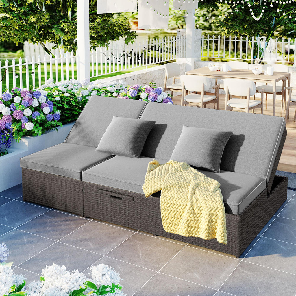 Outdoor Patio Sunbed with Adjustable Backrest & Side Tray, Wicker Rattan Lounger with Thick Cushion, 47" L x 29.5" W x 15" H, Gray