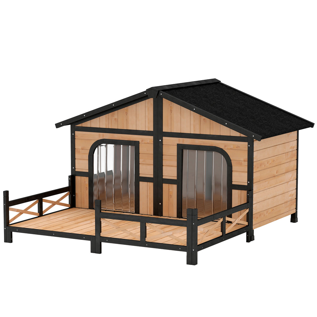 Dog House Outdoor, Wooden Dog Kennel Weatherproof with Porch, Openable Roof, Removable Bottom, Elevated Floor, Double Room for 2 Small to Medium Breeds, Natural