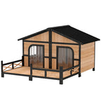 Dog House Outdoor, Wooden Dog Kennel Weatherproof with Porch, Openable Roof, Removable Bottom, Elevated Floor, Double Room for 2 Small to Medium Breeds, Natural