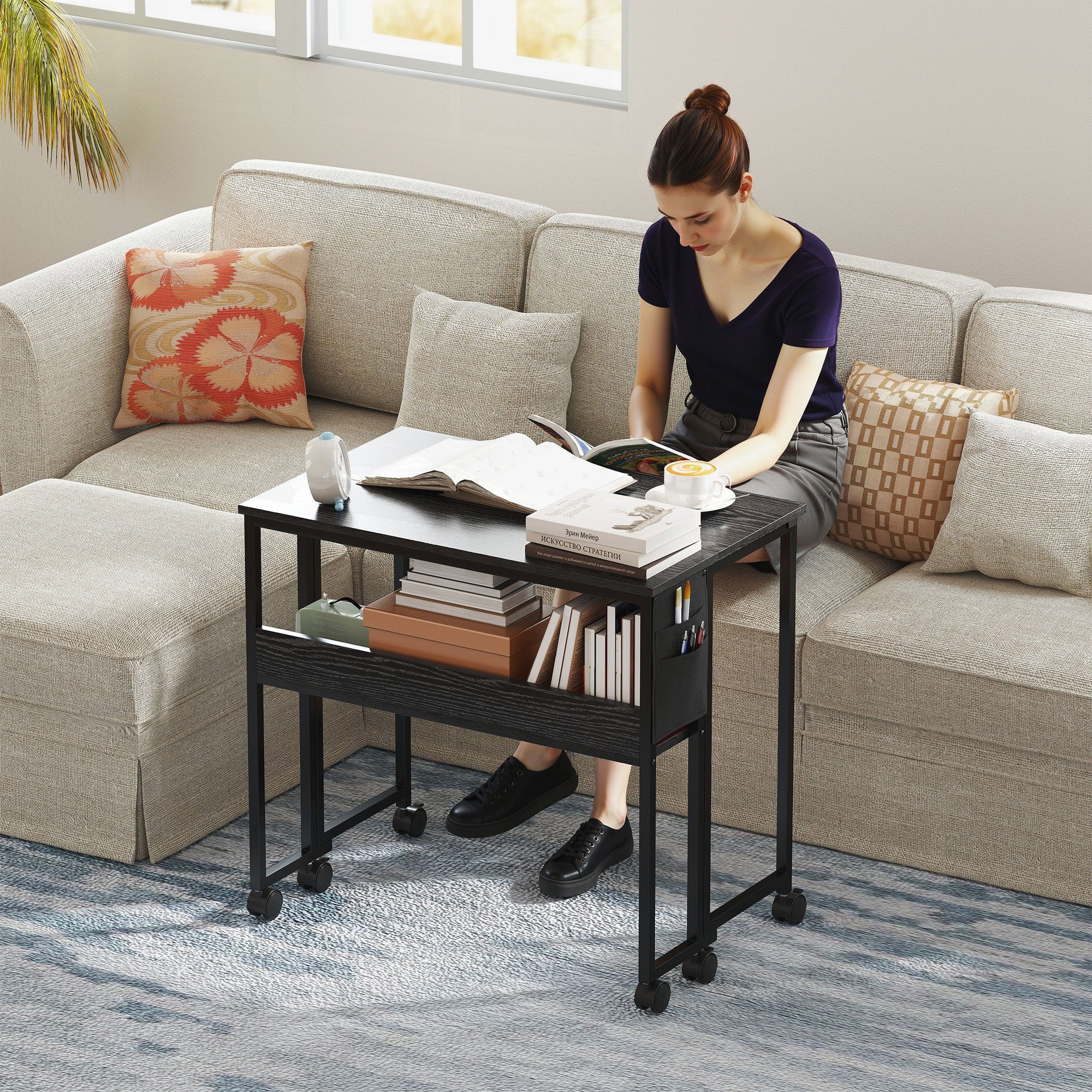 Folding Computer Desk, Foldable Desk with Storage Bag, Shelf and Wheels for Small Spaces, Home Office, Black