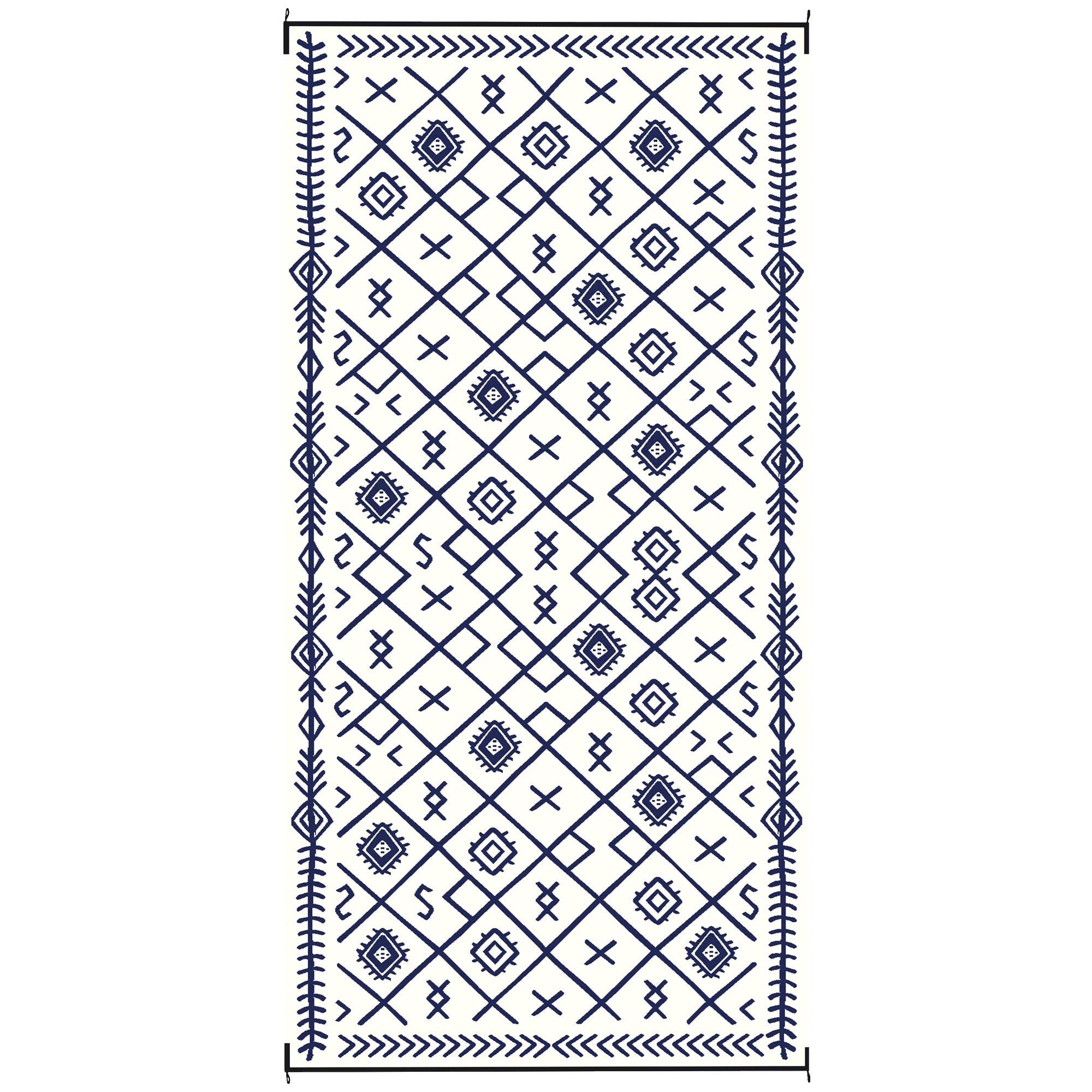 Reversible Outdoor Rug, Waterproof Plastic Straw with Carry Bag, 9' x 18', Blue & White Rhombus