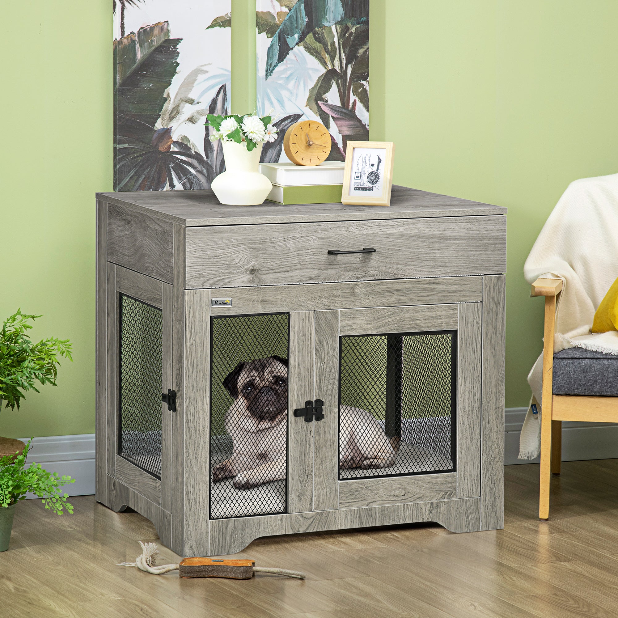 Dog Crate Furniture with Soft Water-Resistant Cushion, Drawer, for Small Dogs, Grey