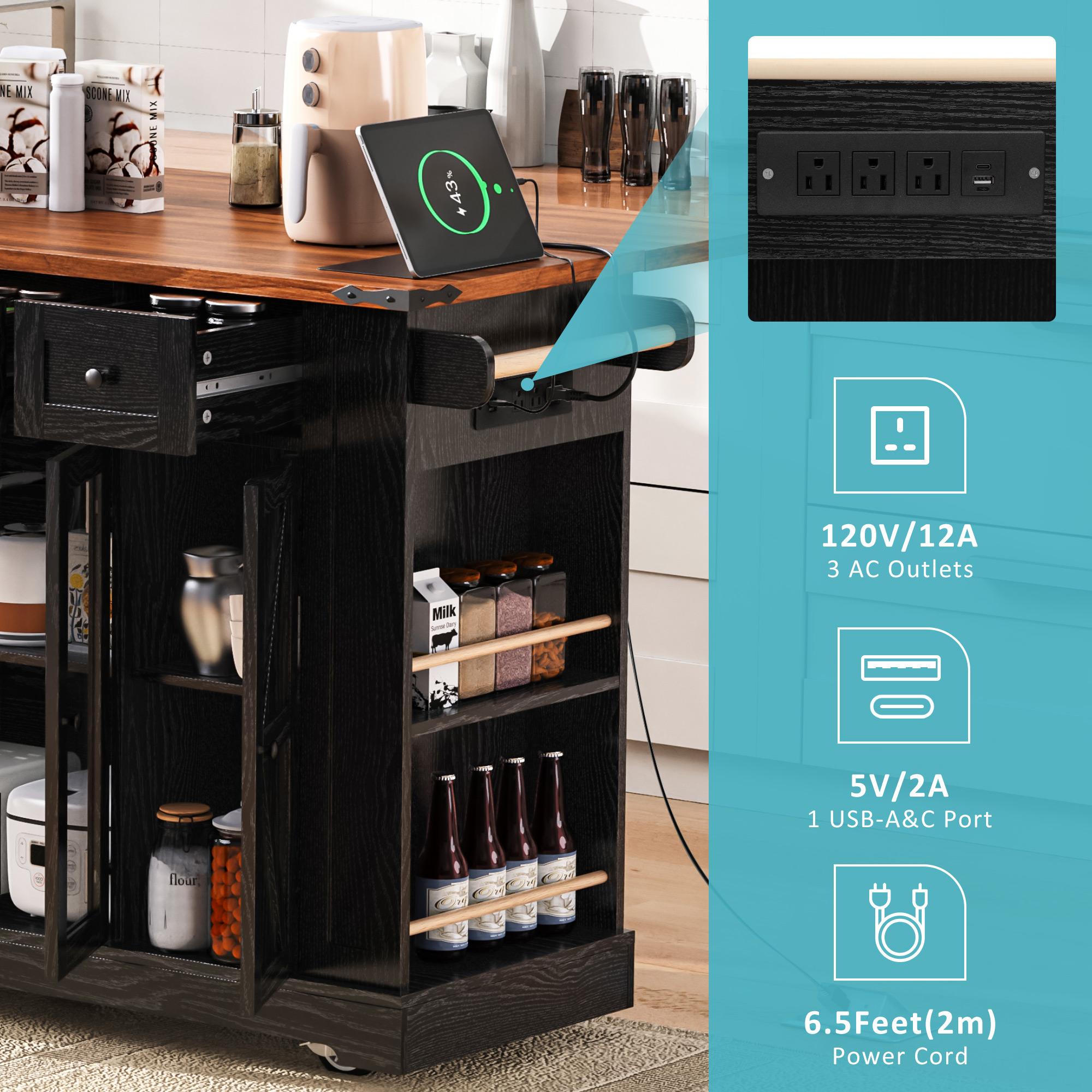 Farmhouse Kitchen Island with Tempered Glass Doors, Power Outlet, Rolling Cart with Drop Leaf, 5 Racks, 3 Drawers, 53" L x 29.5" W x 36" H, Black