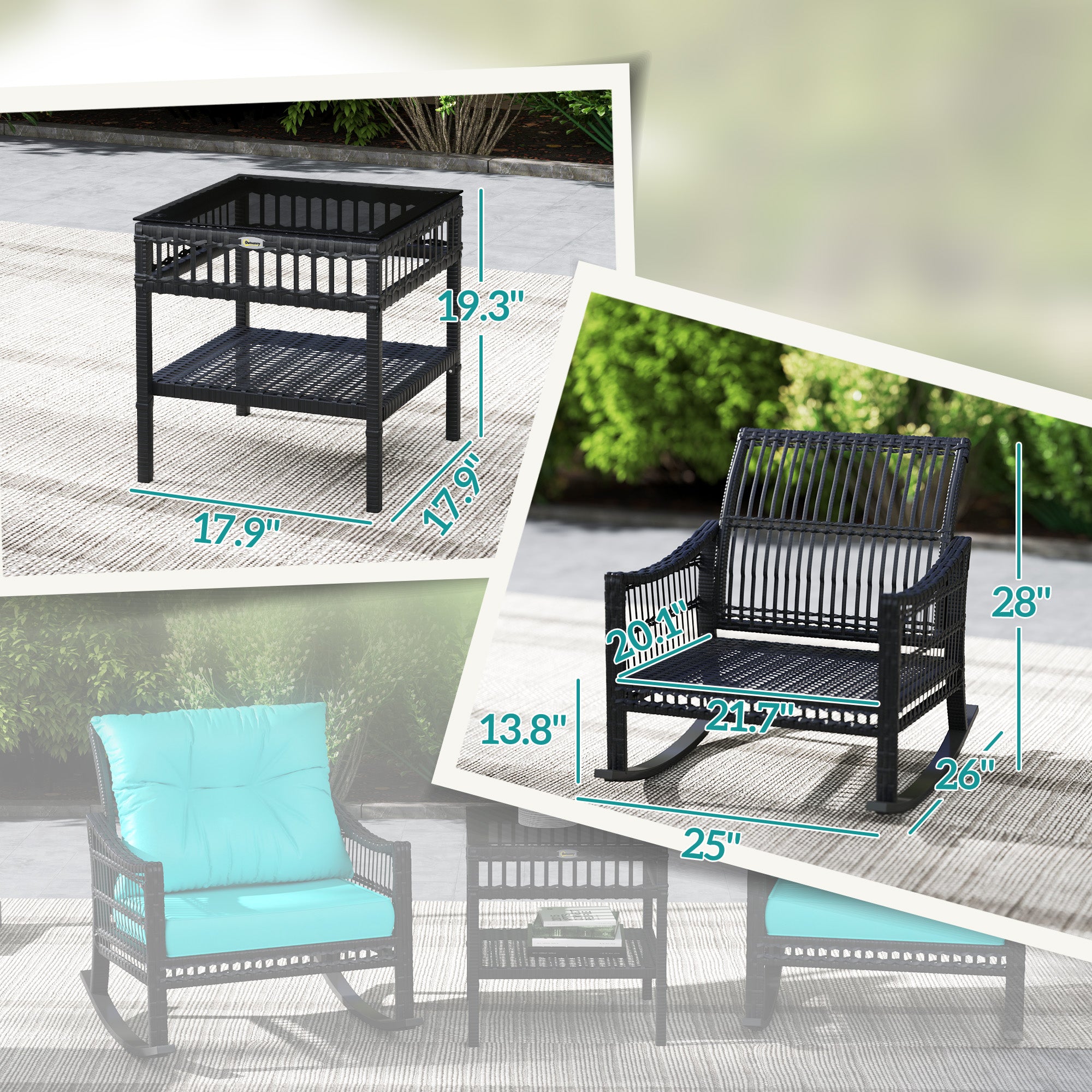 3 Piece Outdoor PE Rattan Rocker Chair Set, Rocking Chair with Tempered Glass Table Top, Turquoise Green