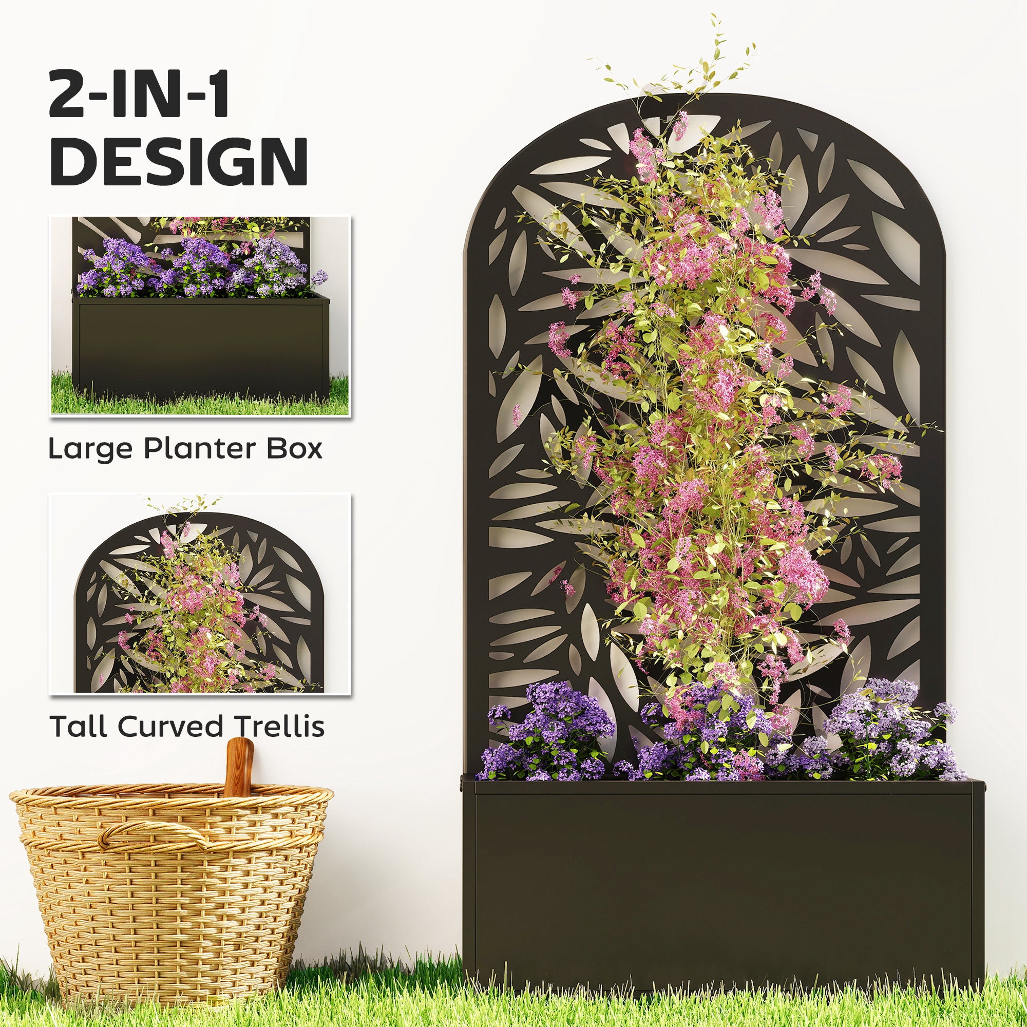Metal Garden Bed with Trellis for Climbing Plants, Freestanding or Wall Mounted Flower Bed for Garden, Patio, Balcony