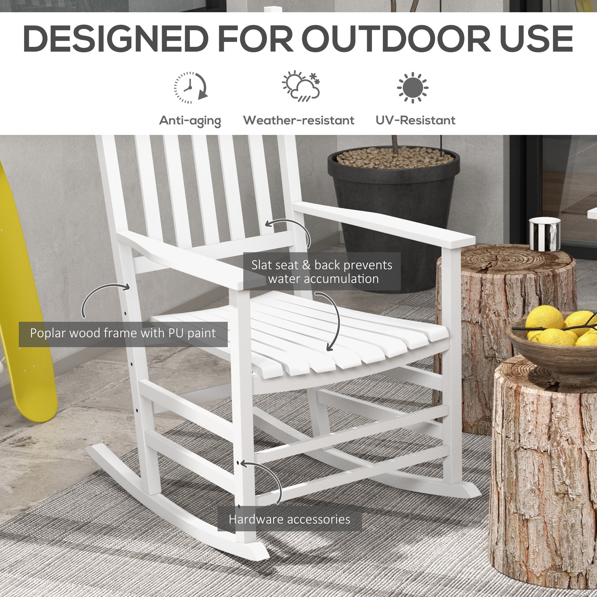 Wooden Rocking Chair Set, Curved Armrests, High Back, Slatted Seat Outdoor Rocker Set, White