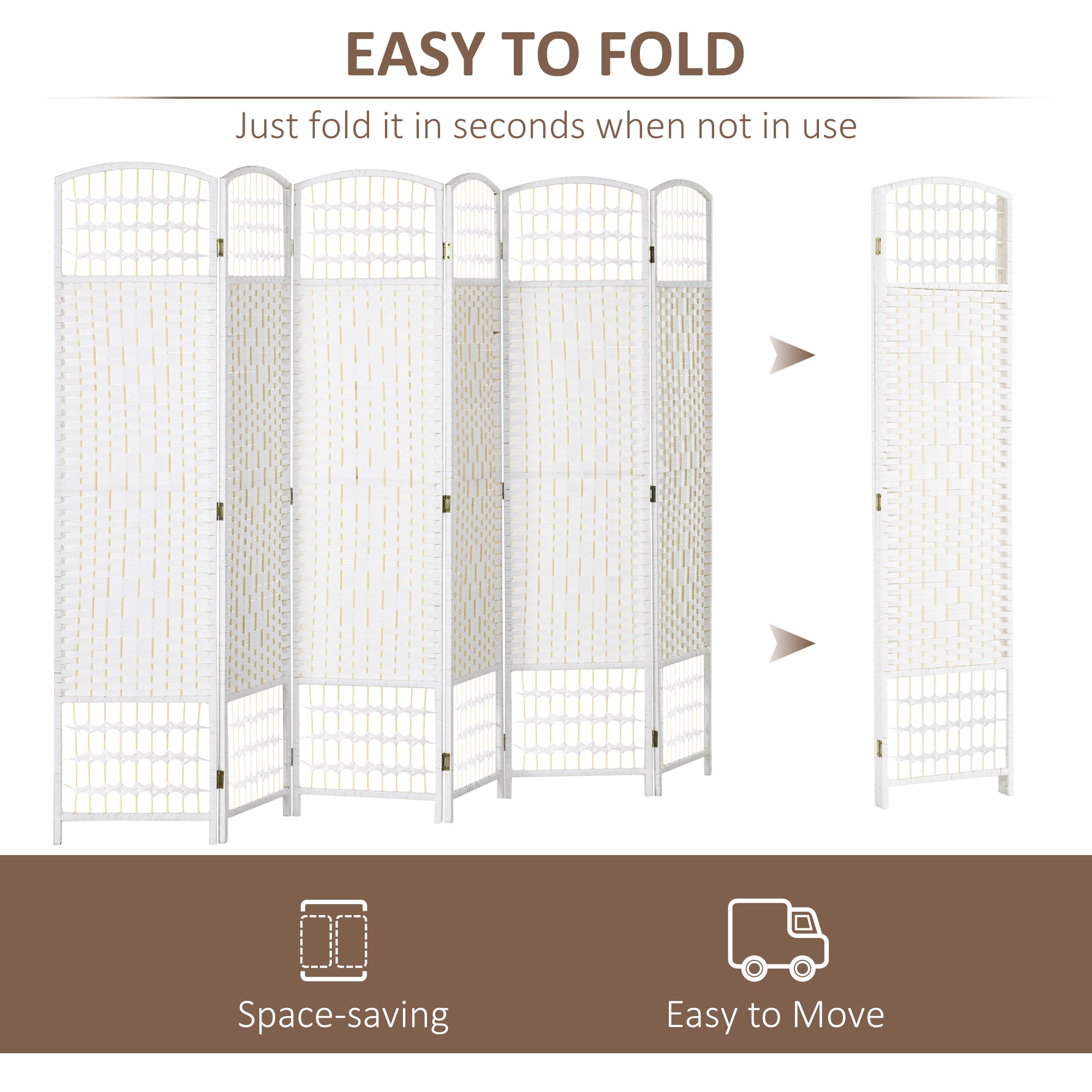 6 Panel Folding Room Divider Portable Privacy Screen Wave Fiber Room Partition for Home Office White