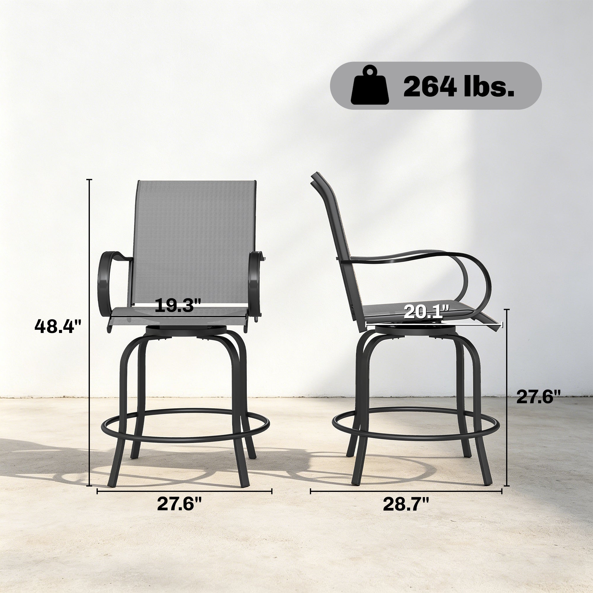 Outdoor Bar Stools Set of 2, 360° Swivel Bar Height Chairs, 26.75" x 29.5" x 48.5", Gray